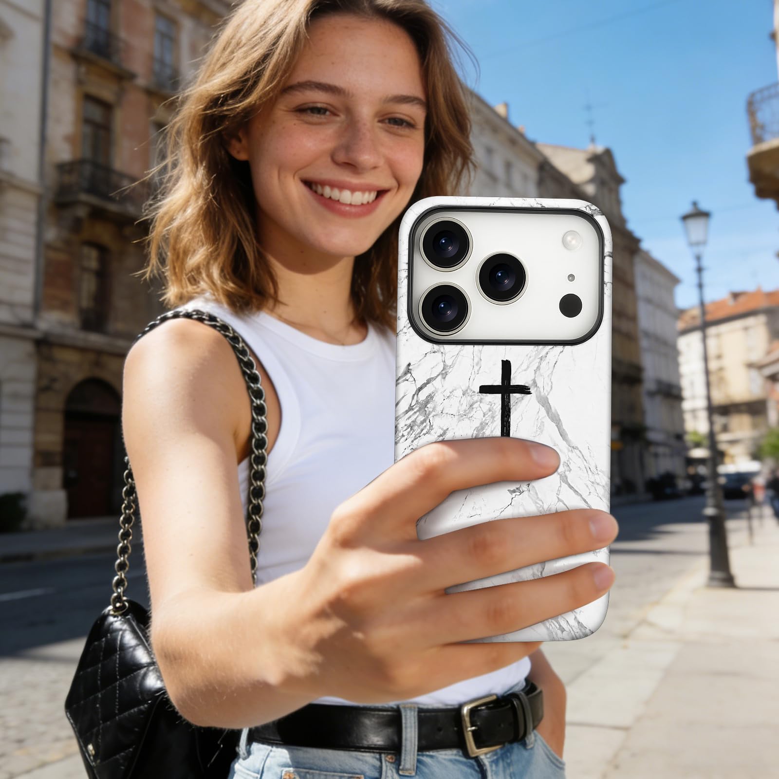 Funda magnética para iPhone 17 Pro Max, diseño de cruz cristiana de mármol blanco, a prueba de golpes, delgada, suave, poliuretano termoplástico y policarbonato duro, compatible con MagSafe, regalo