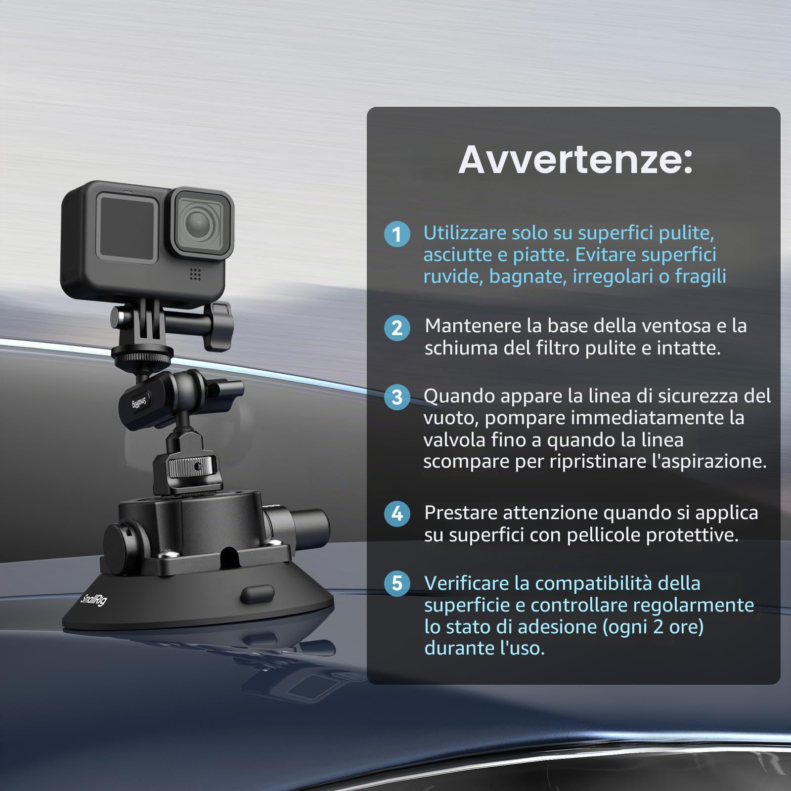 SMALLRIG Supporto a Ventosa da 4,5" con Braccio Bagico a Testa Sferica, Supporto per Action Cam per DJI Osmo Action 5 Pro/4, per Insta360 x5, per GoPro 13/12, Capacità di Carico 1,5 kg, 5855