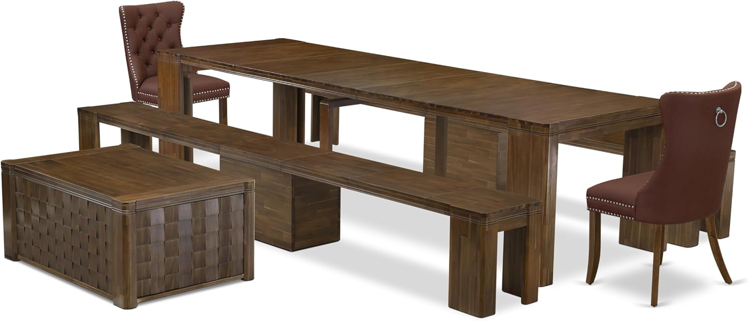 X02DA-2C8-26 6-Pc Dining Table Set contains an Extendable Rectangle Kitchen Table, 1 Coffee Table, 2 Polyester Dining Chairs and 2 Benches, 39x120 Inch, Antique Walnut