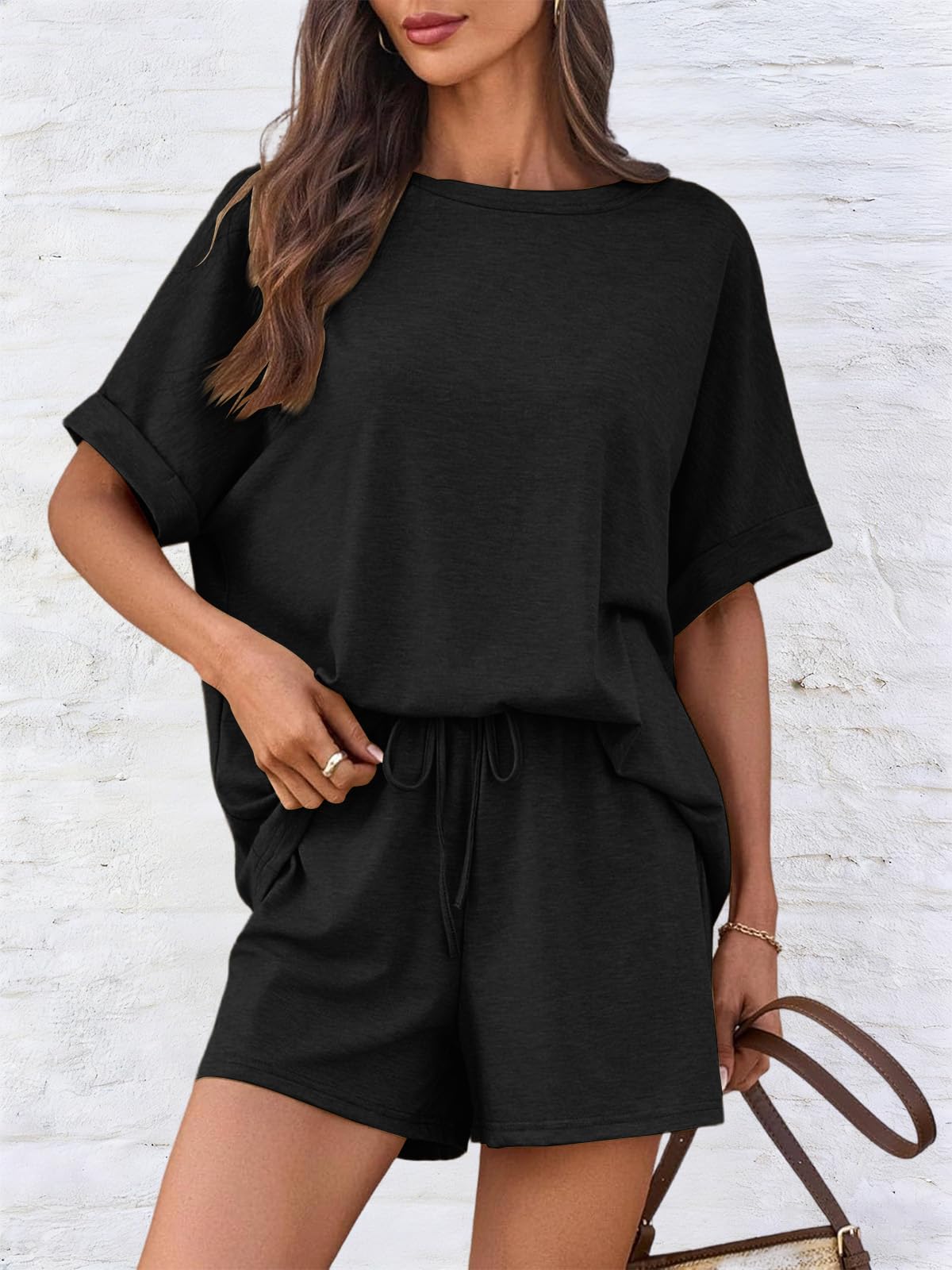 Mujer Conjunto Chándal 2 Piezas De Pantalones Verano Cortos Con Casual De Camiseta Bolsillos Y Cuello Redondo Top