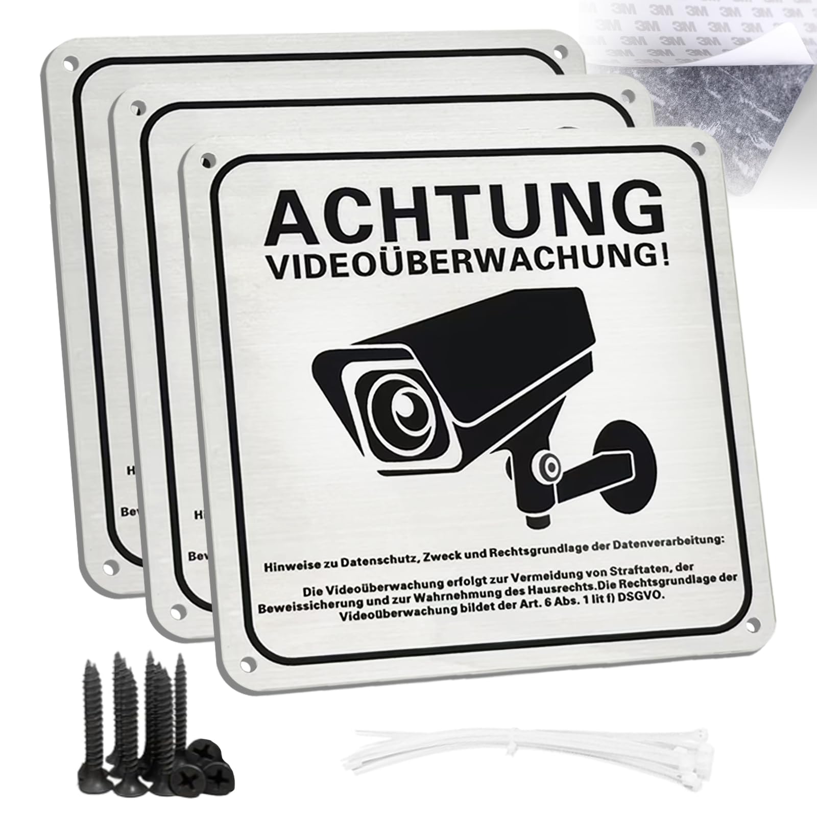 Zamety Videoüberwachung Aufkleber 15x15 Cm – 3 Stück, Aluminium, Selbstklebend & Mit Bohrungen