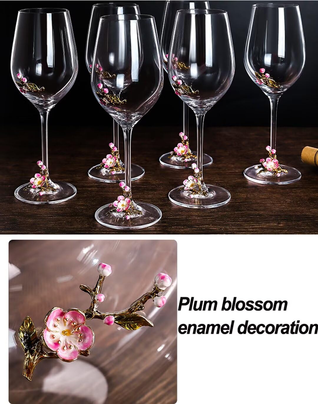 Karafka do wina z dmuchanego szkła, ręcznie dmuchana, emaliowana, bez ołowiu, 350 ml, ze wzorem kwiatów śliwki, opakowanie na prezent, eleganckie szkło z długim uchwytem (1 sztuka)