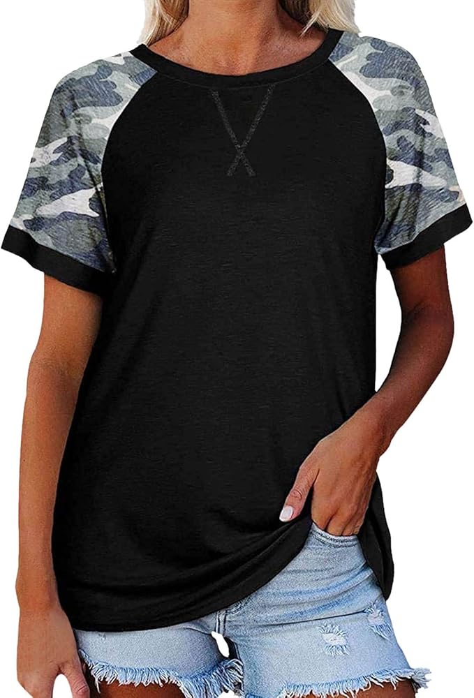 Amazon 長袖tシャツ レディース 大きいサイズ オシャレ 女性迷彩プリントクルーネック半袖カラーブロックtシャツトップ レディース Tシャツ 長袖 スポーツ Tシャツ カットソー 通販