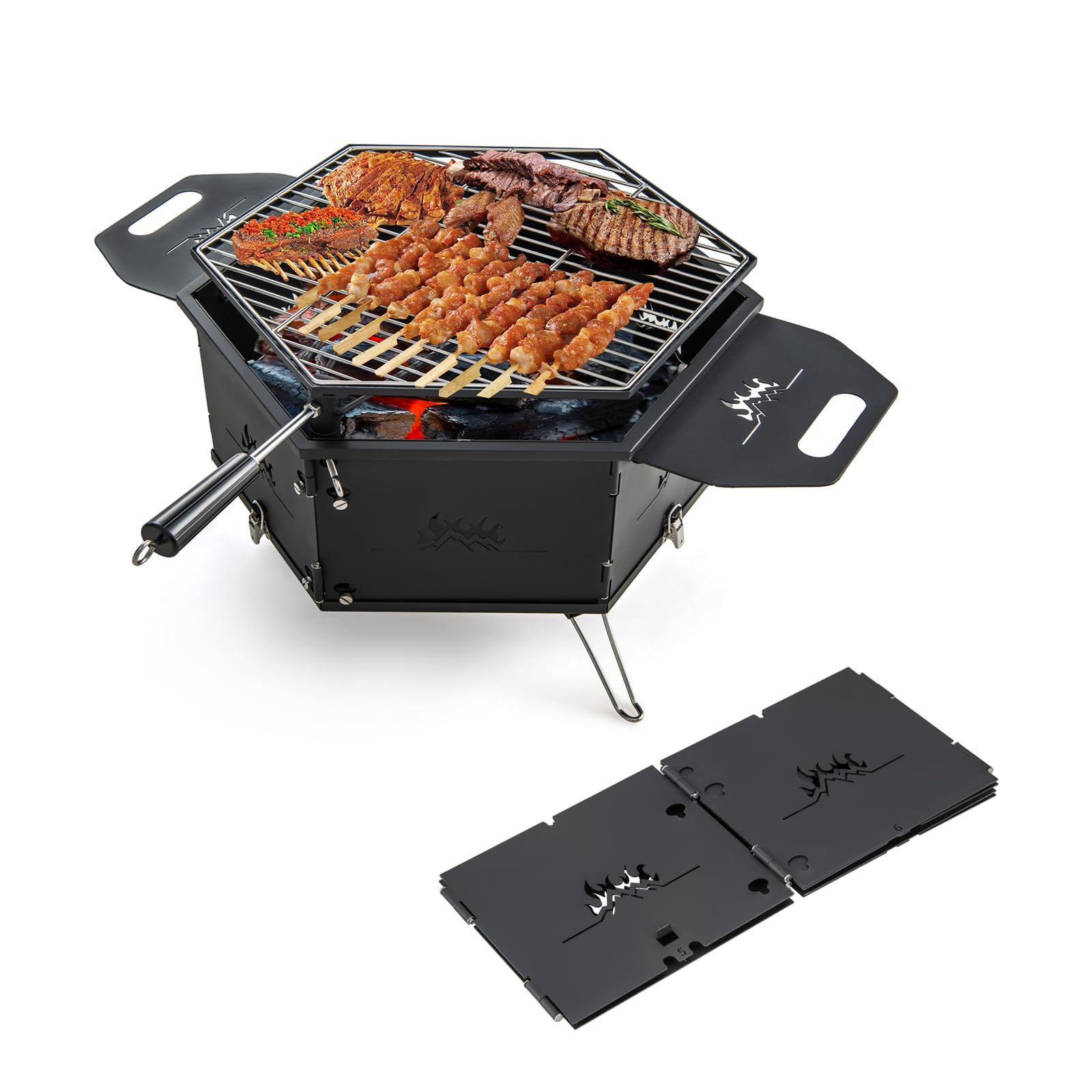 KOMFOTTEU Barbacoa de Carbón Grande 2 en 1 con Parrilla Giratoria 360° | Barbacoa de Camping de Acero al Carbono, 77 x 74 x 38 cm, Negro