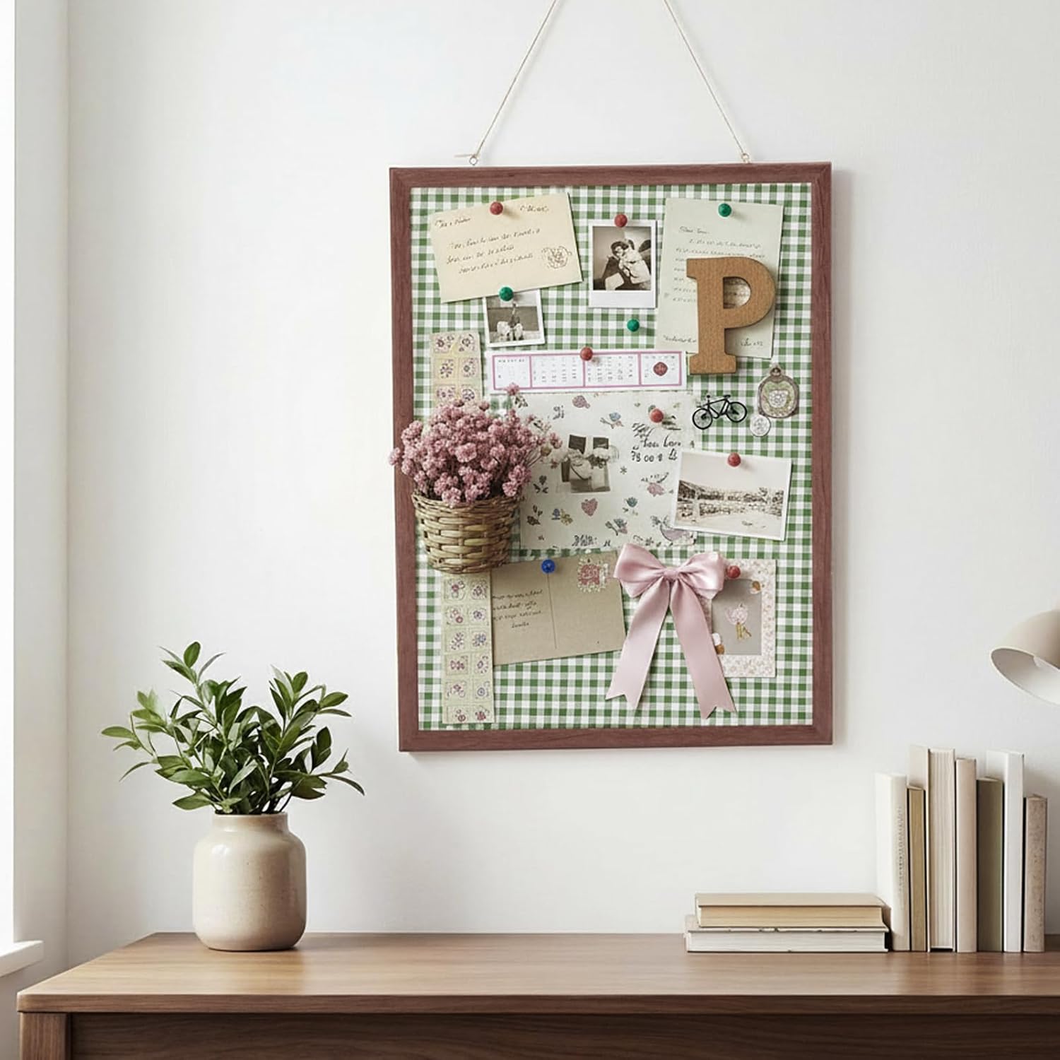 Leinuosen 17 x 23 Cork Board for Walls Decorative Cork Boards Green Gingham Home Decor Small Linen Bulletin Board Framed with Pins for Home Room School Office Decor
