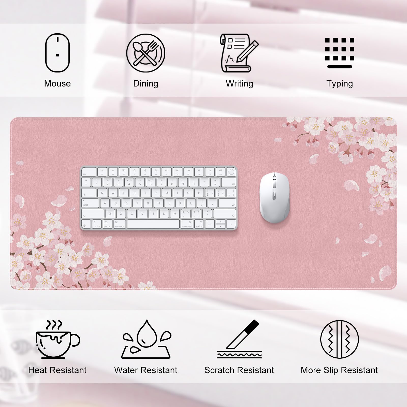 DINKY Large Leather Mouse Pad, Pink Cherry Blossoms Desk Mat for Desktop, Women Girls PVC Leather Waterproof Gaming Desk Protector Writing Pad for School Office Home 35.4" x 15.7"