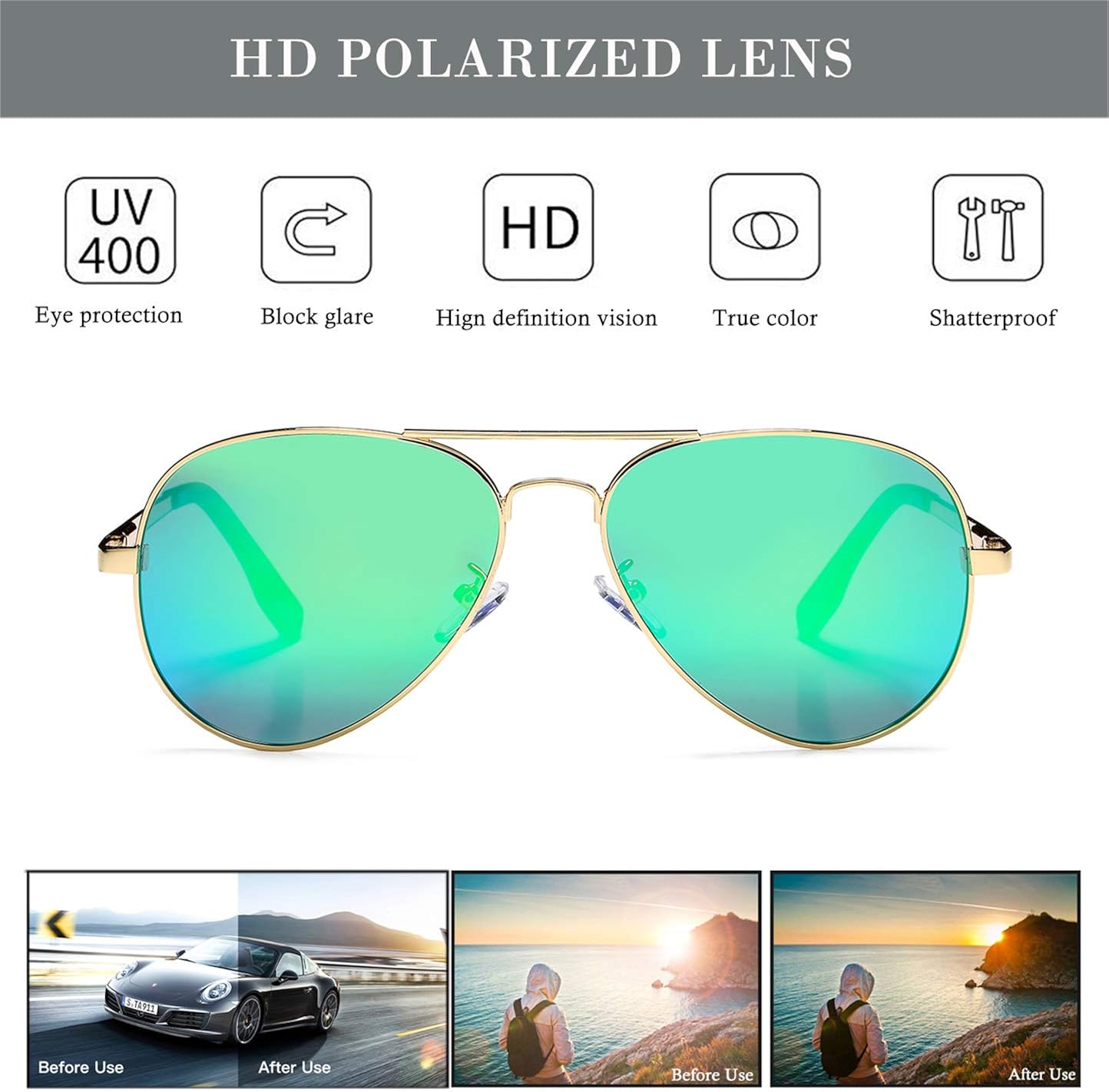 Miniatura 8 de HJSTES Gafas de sol polarizadas de aviador para niñas y niños, gafas clásicas para jóvenes, lentes de protección UV400, 2.047in
