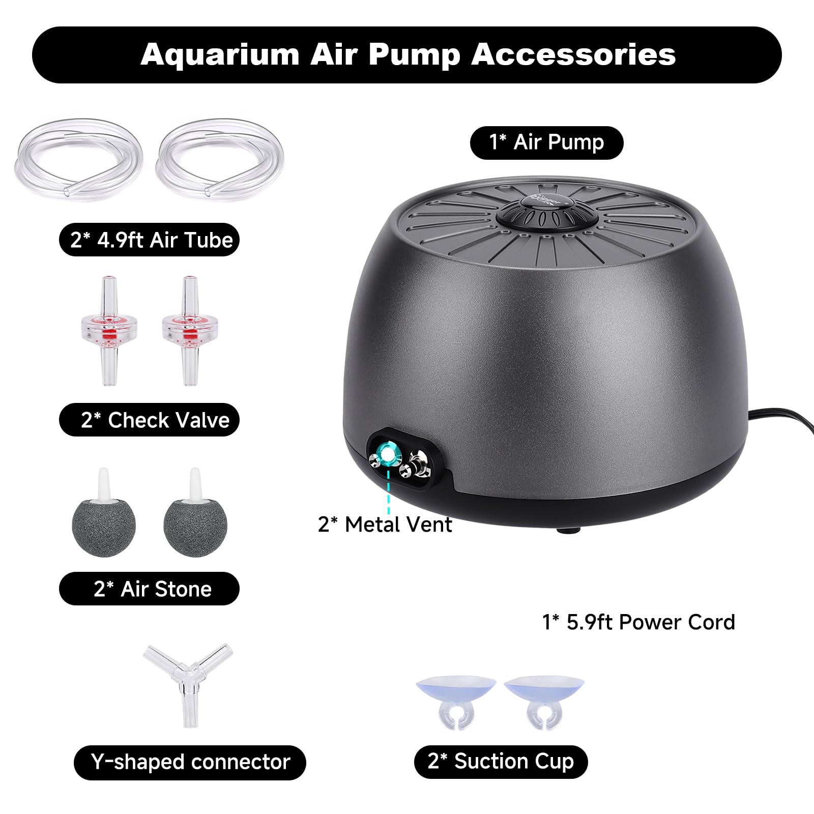hygger Ossigenatore per Acquario <35 dB Regolabile Pompa di Ossigeno Silenziosa,Aeratore per Acquari con Pietra Porosa Accessori per Serbatoi