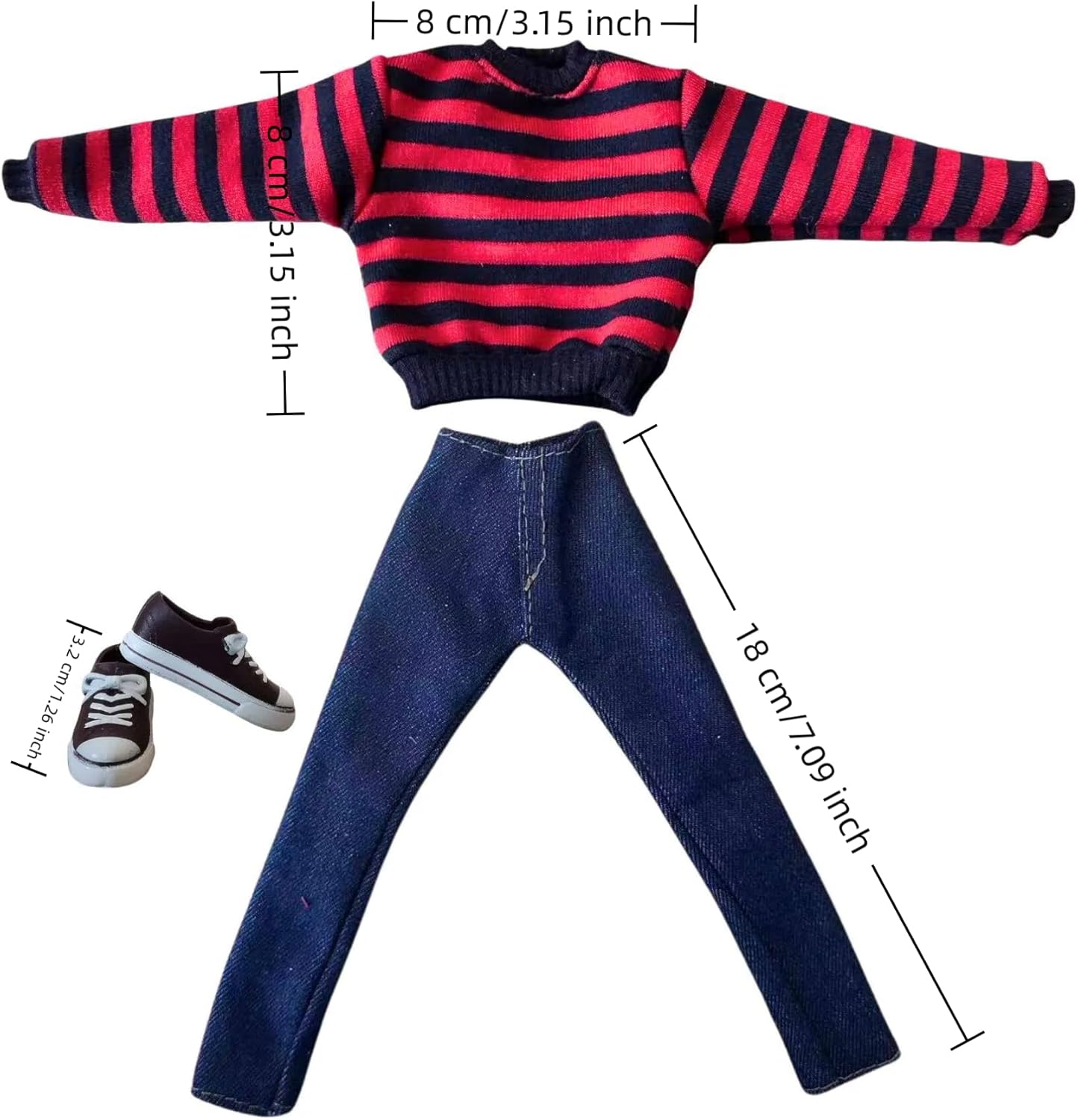 3-Piece Fashion Doll Outfit Set, Sweater with Denim Shorts and Shoes, 11.5 inch Doll or BJD (red Striped)