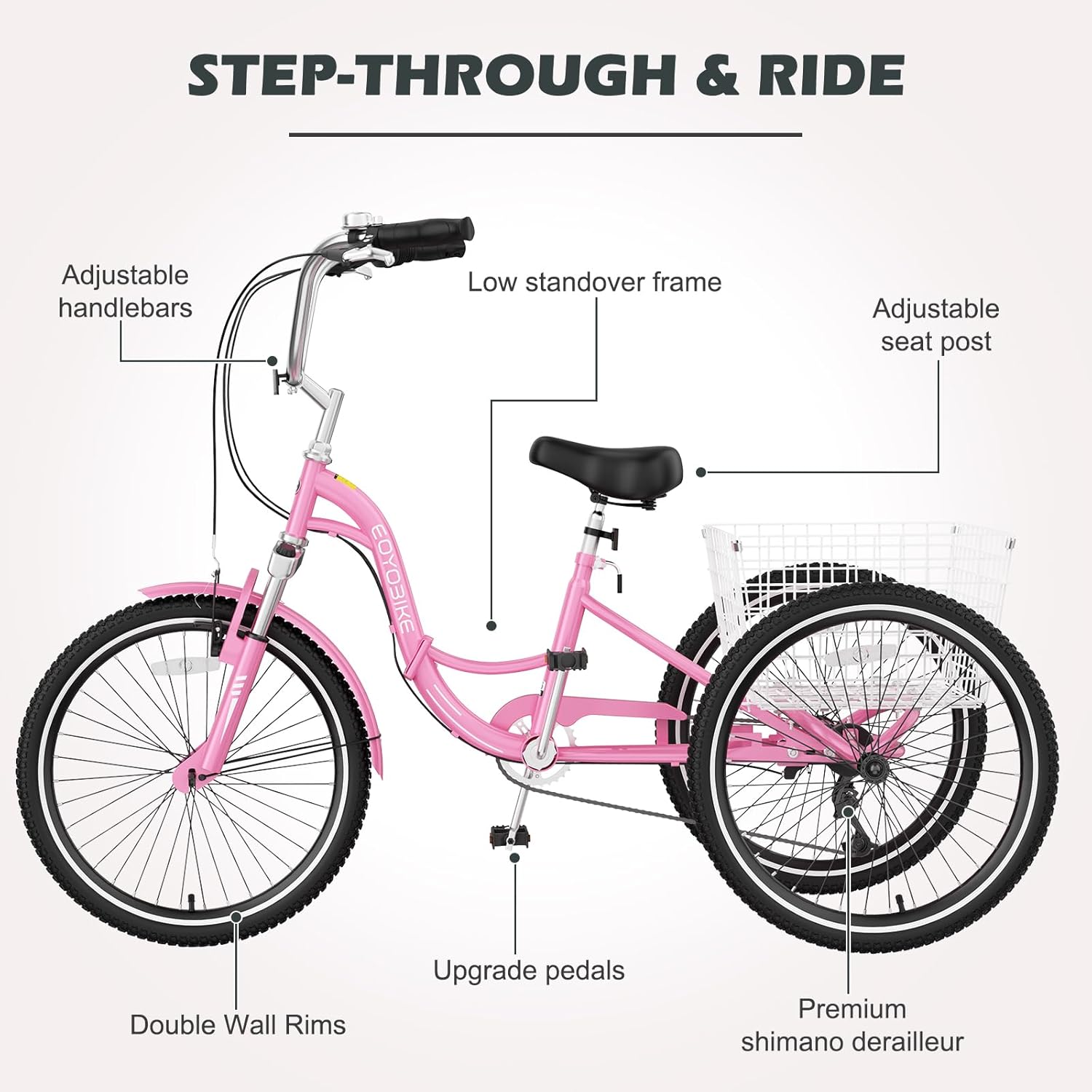 H&ZT Adult Tricycle, 3 Wheeled Bike, Trike Cruiser Bike, with 7-Speed Gear, Parking Brake Handle, Low Step, Large Rear Basket, Elderly Friendly, for Men, Women, and Teens