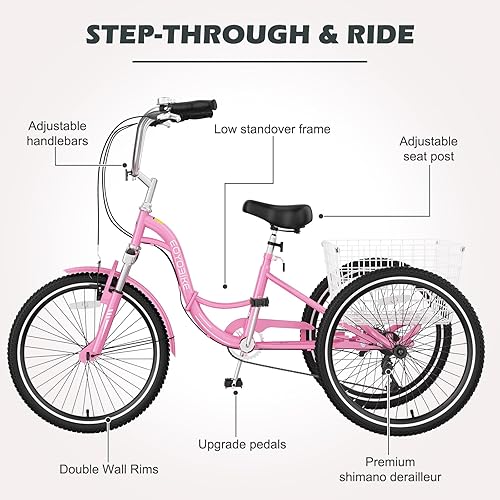 Vista 43 de H&ZT Triciclo para adultos, bicicleta de 3 ruedas, triciclo crucero, con engranaje de 7 velocidades, mango de freno de estacionamiento, escalón