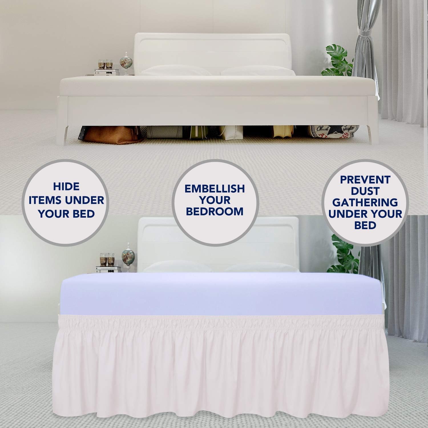 PureFit Wrap Around Ruffled Bed Skirt with Adjustable Elastic Belt - 18 Inch Drop Easy to Put On, Wrinkle Free Bedskirt Dust Ruffles, Bed Frame Cover for Queen, King and C-King Size Bed, Baby Pink