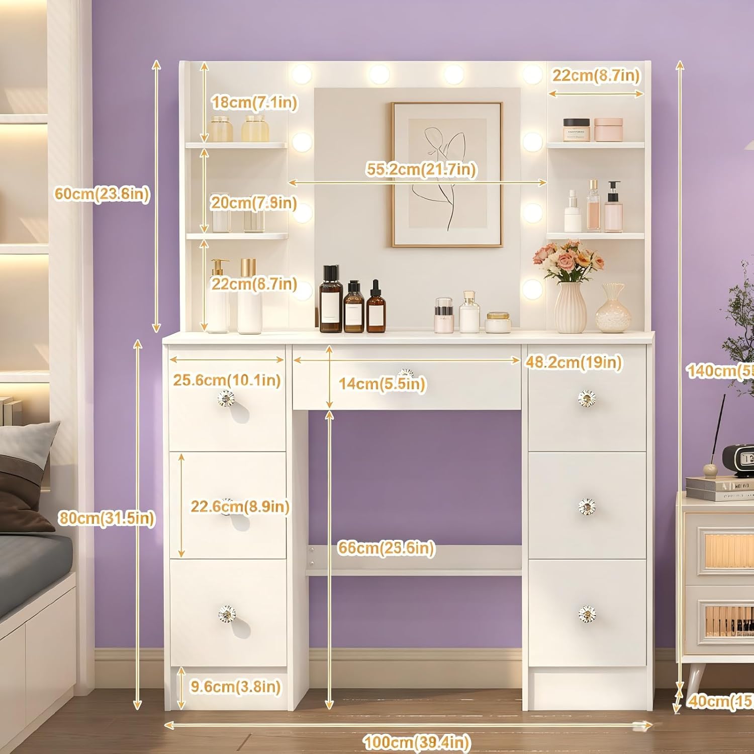 Vanity Desk with Mirror and Lights, LED Dressing Table, 10 Hollywood Bulbs 3 Color Modes, Drawers Shelves Storage Capacity, Modern Style for Girls/Women