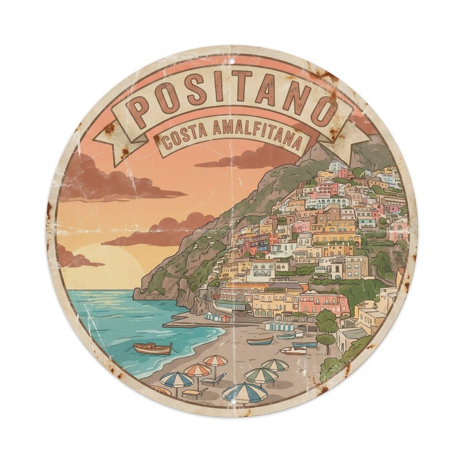 Village Positano Italy Tourism Heritage Scenic Landmark Metal Tin Sign Plaque Wall Decor for Cafe, Man Cave, Club Bar, Office, Home Garden Round Metal Poster 8x8Inch