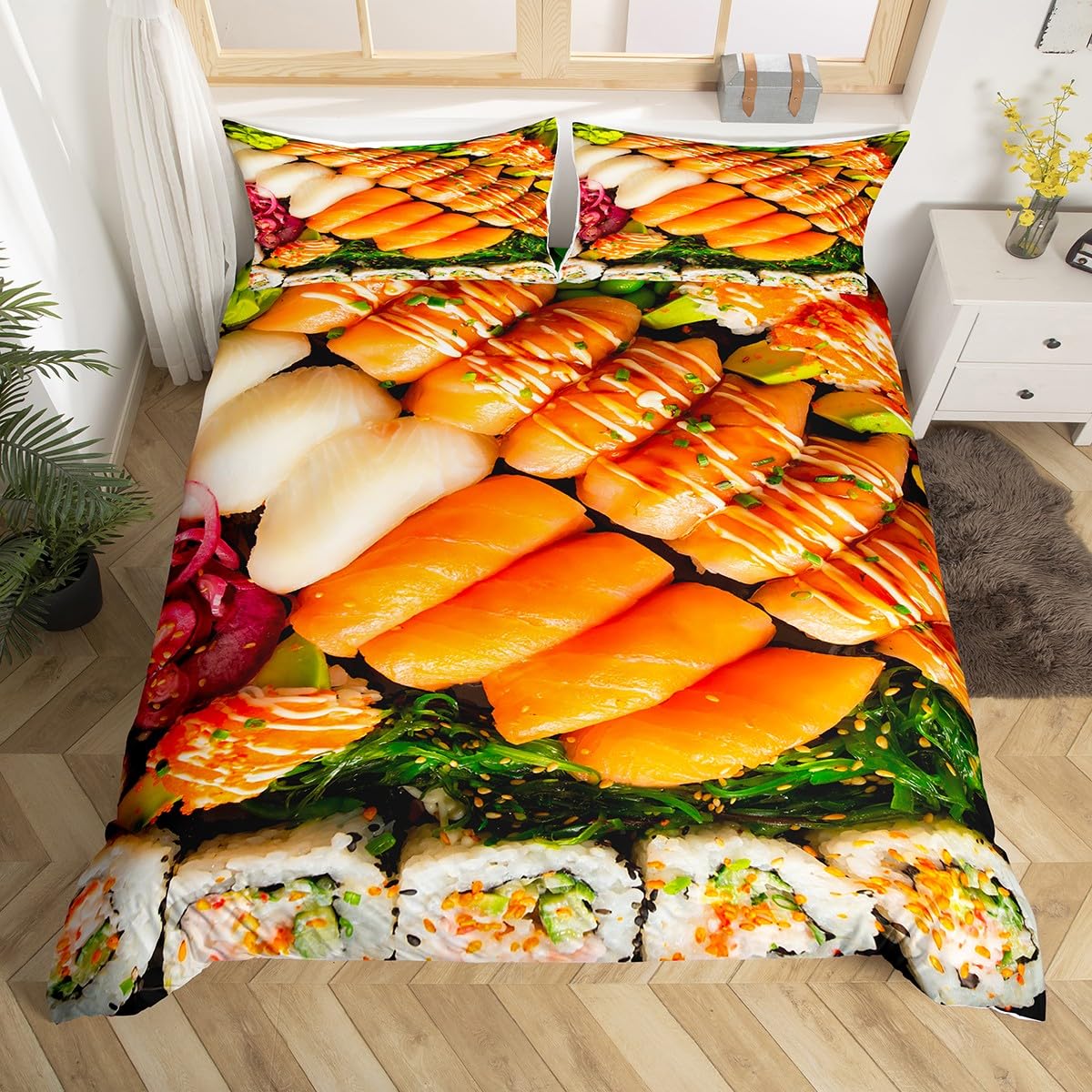 Homemissing Multicolored 13211 Sushi Duvet Cover Japanese Food Bedding Set Salmon Comforter Cover For Kids Toddler 3D Food Themed Bedspread Cover Realistic Food Decor Breathable Quilt Cover Double
