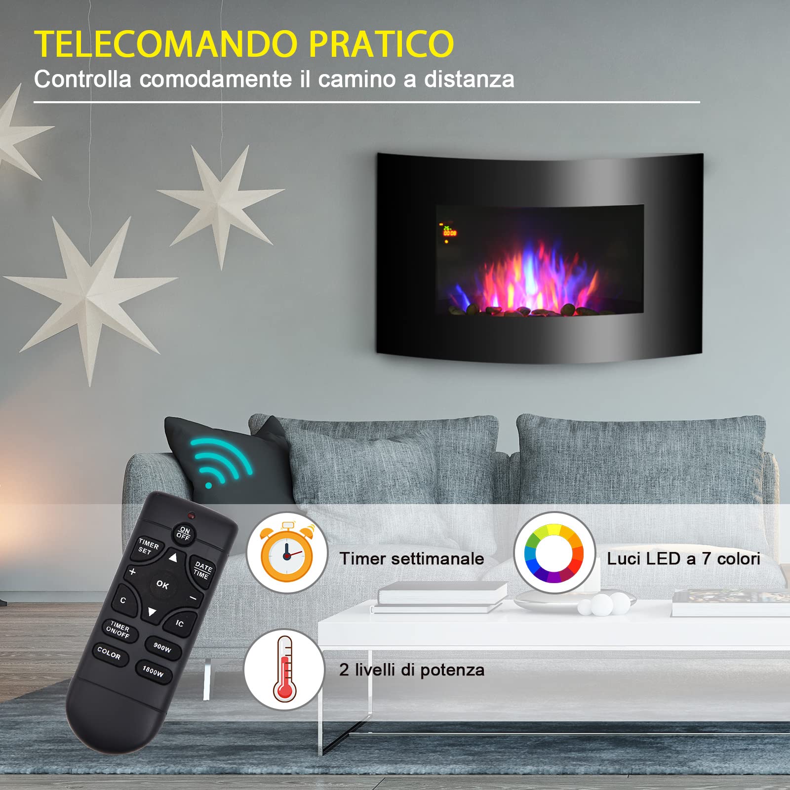 HOMCOM Caminetto Elettrico da Parete con Effetto Fiamma Colorato e Telecomando, Camino Elettrico 1800W con Temperatura Regolabili, Termostato, Timer e Protezione da Surriscaldamento, Nero
