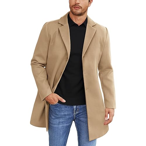 COOFANDY Mens Wool Blend Coat Winter Trench Coats Notched Lapel Collar Single Breasted Overcoat Classic Peacoat With Pockets