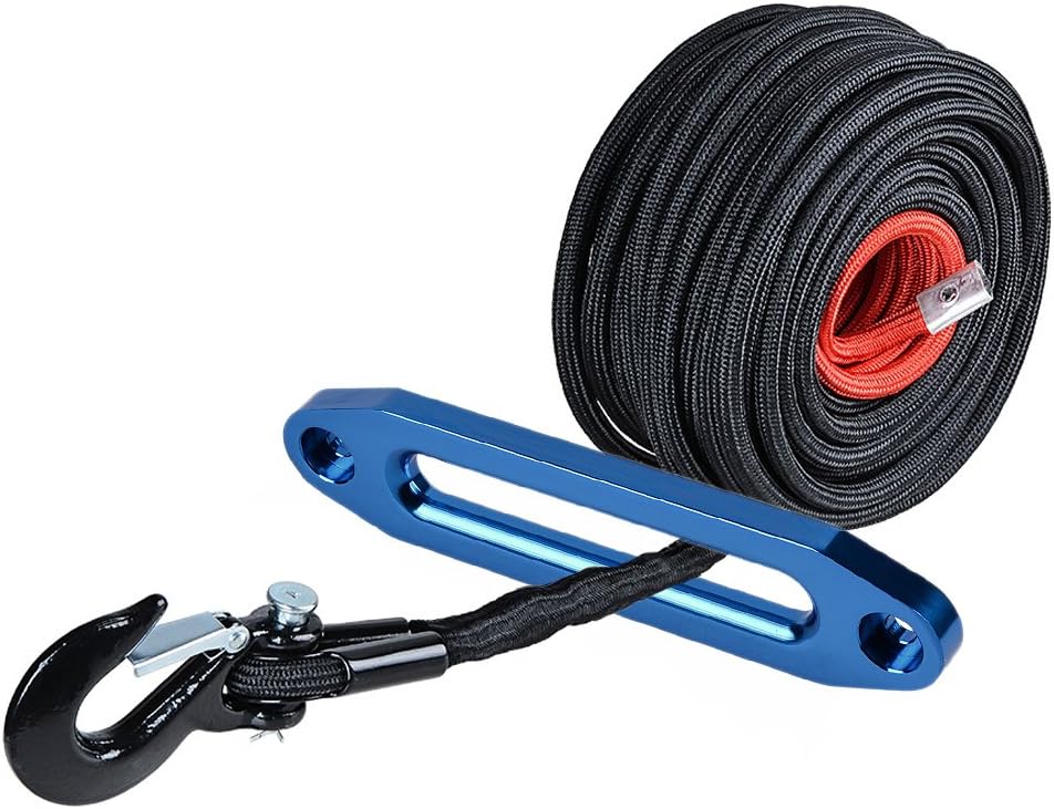 85' x 3/8 Synthetic Winch Rope Cable Rock Guard Protective Sleeve + 10" Anodized Blue Aluminum Hawse Fairlead + Black Forged Steel 3/8 Grade 70 Safety Latch Hook