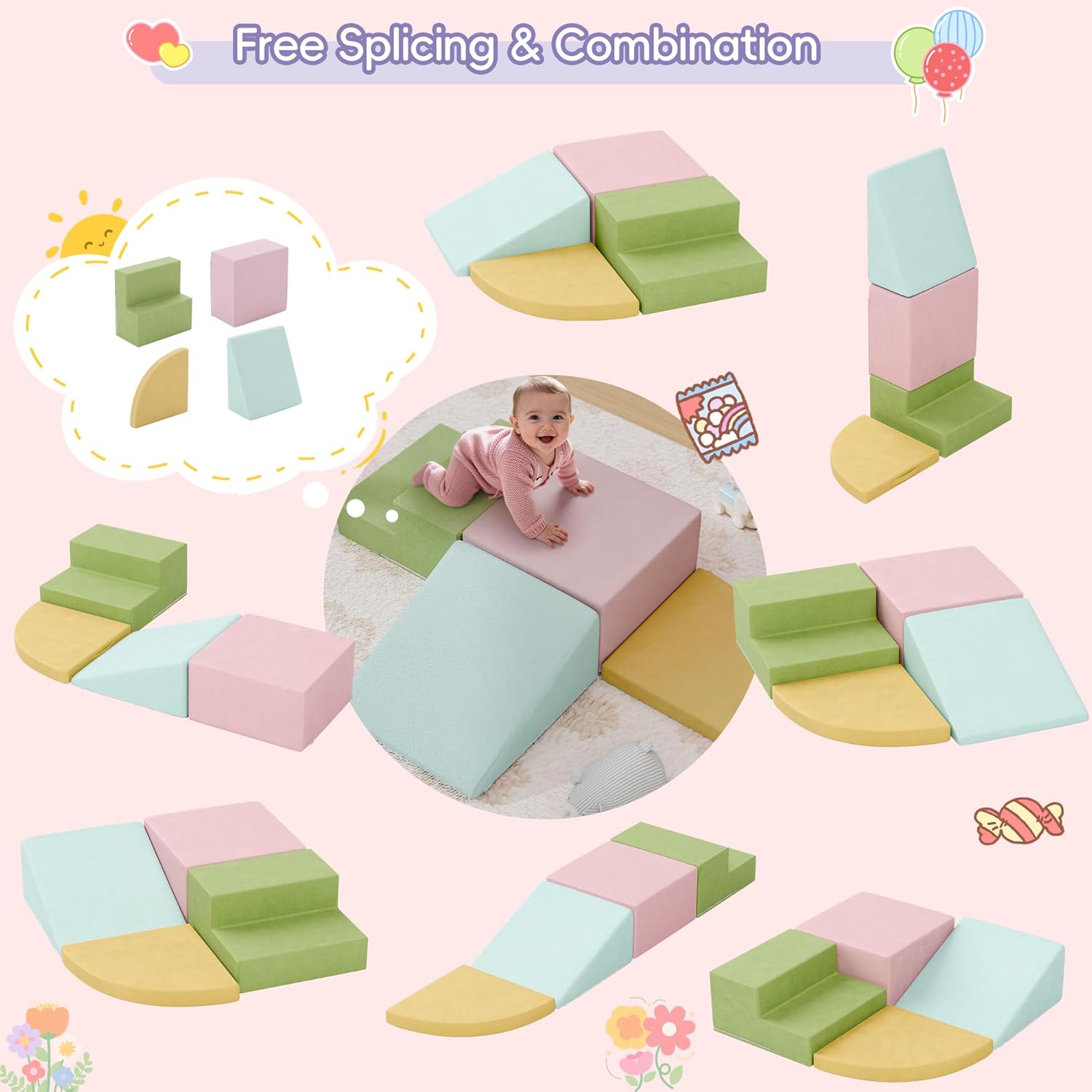 Baby Foam Climbing Blocks 4 Piece, Toddlers Climbing Gym for Crawling and Sliding, Indoor Playground Soft Large Foam Crawl Activity Play Set for Infant