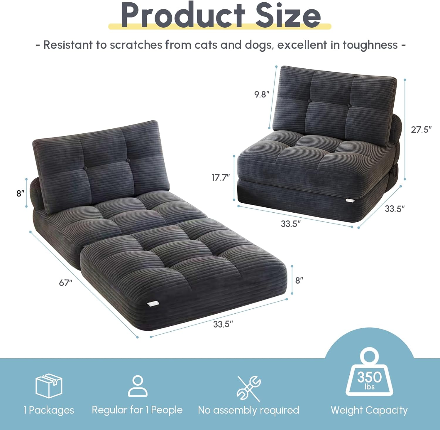 Folding Sofa Bed, Convertible Sleeper Chair with Pillow Foldable Mattress with Back Support
