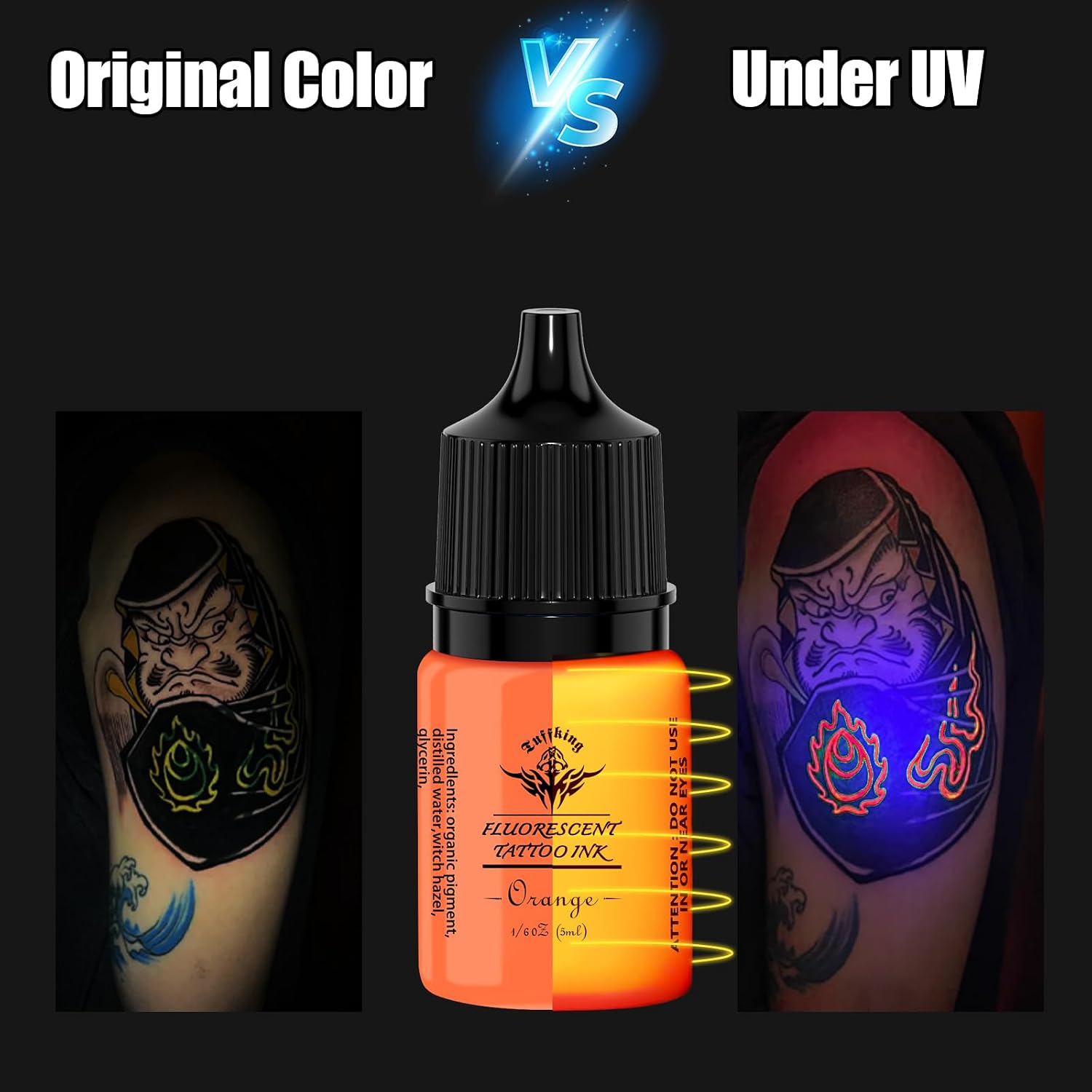 Tattoo Ink Color Set - Fluorescent Tattoo Ink Pigment Kit 7 Colors Glow in The Blacklight for Professional Tattoo Artist Halloween Supplies (1/6 fl oz(5ml), 7color)