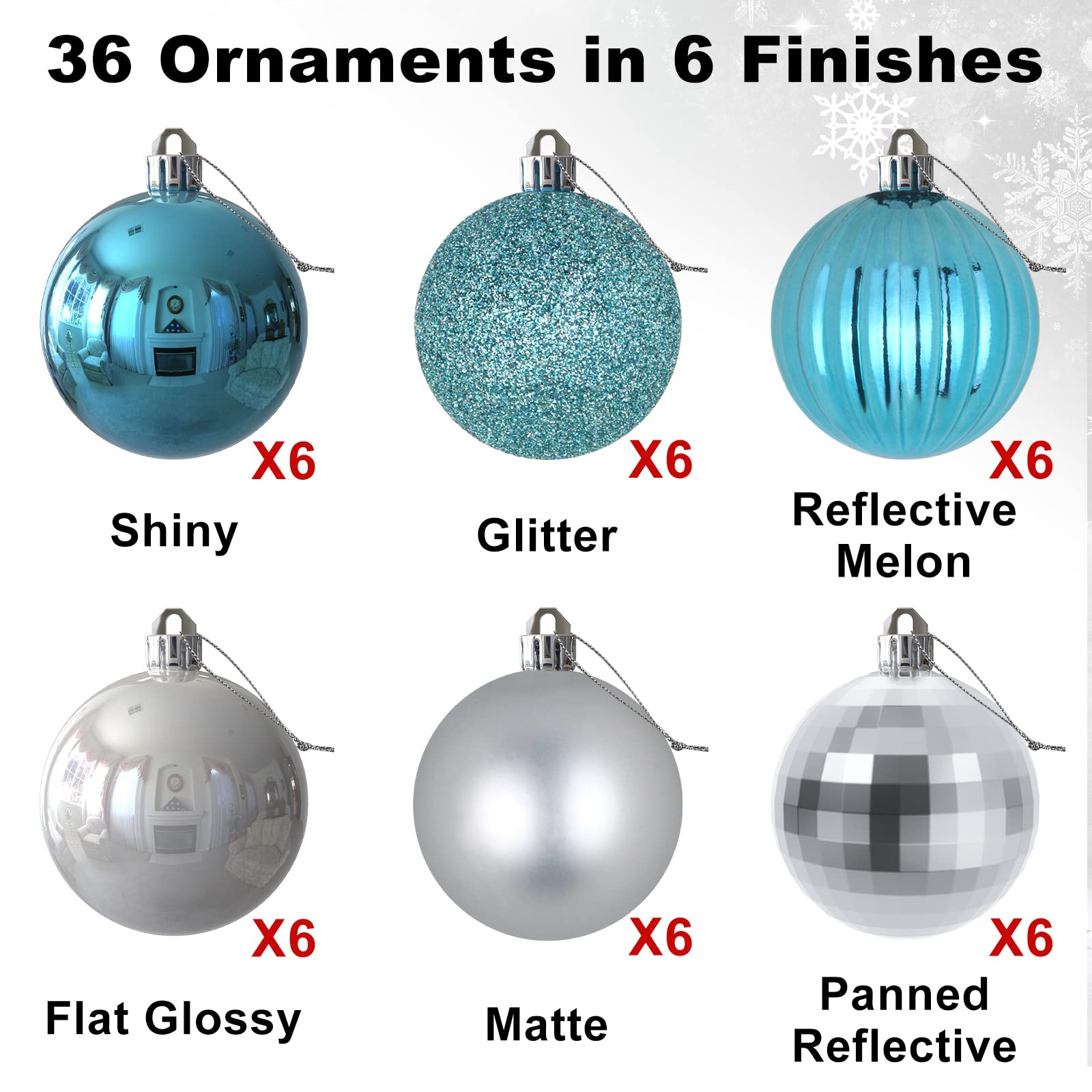 Lot de 36 boules de Noël incassables à suspendre pour anniversaire, Halloween, vacances, mariage (6,3 cm, bleu layette/argenté)