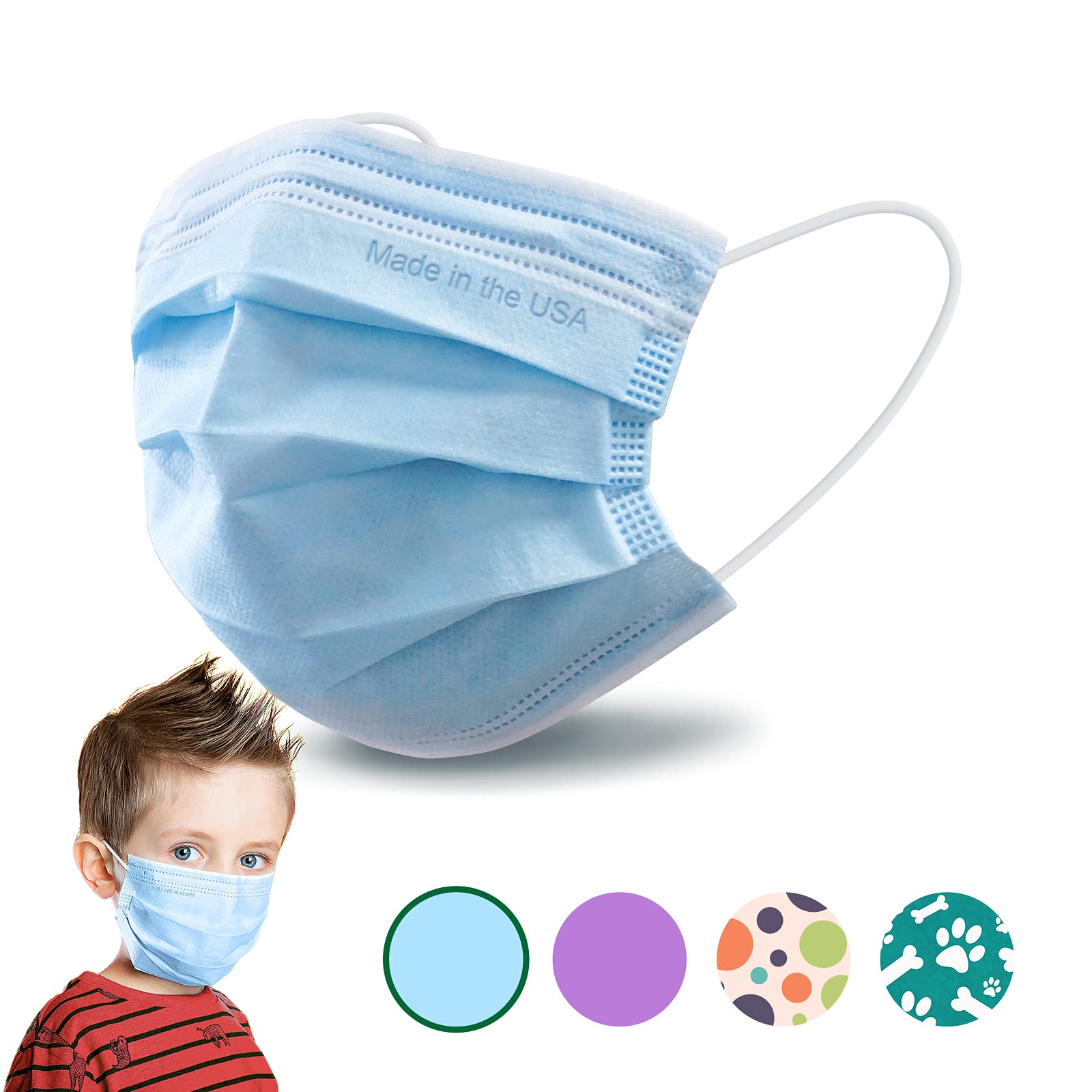 FriCAREECOGUARD Kids Face Mask, Made-in-USA, 3-Layer Disposable Mask for Children, Breathable & Comfortable, 50 Pack
