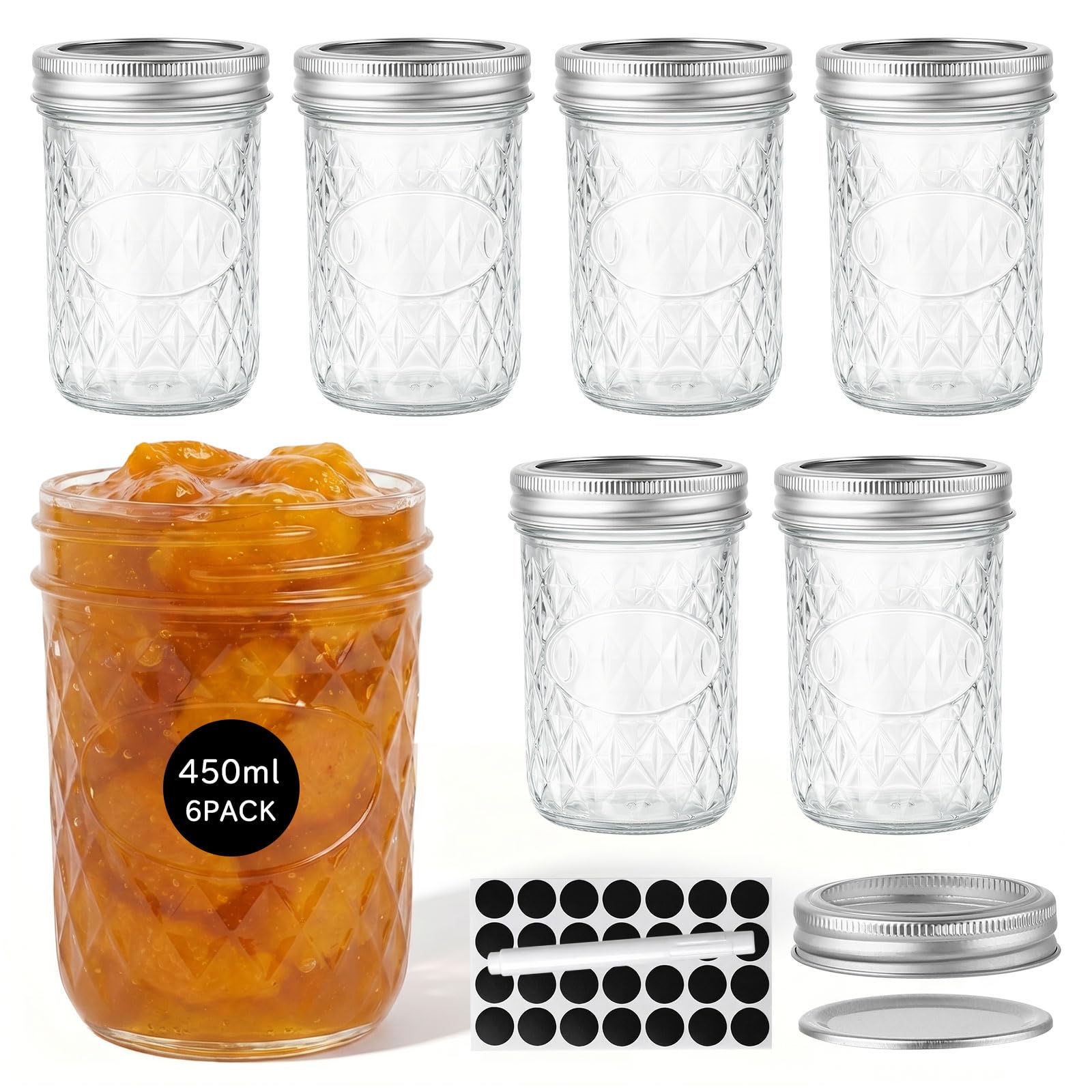 WERTIOO Einmachgläser mit Deckel 6er Set Schraubgläser - 450ml Mason Jar Glas - Vielseitige Marmeladengläser Meal Prep Overnight Oats Gläser, 100% recycelte Glasflaschen für normale Öffnung