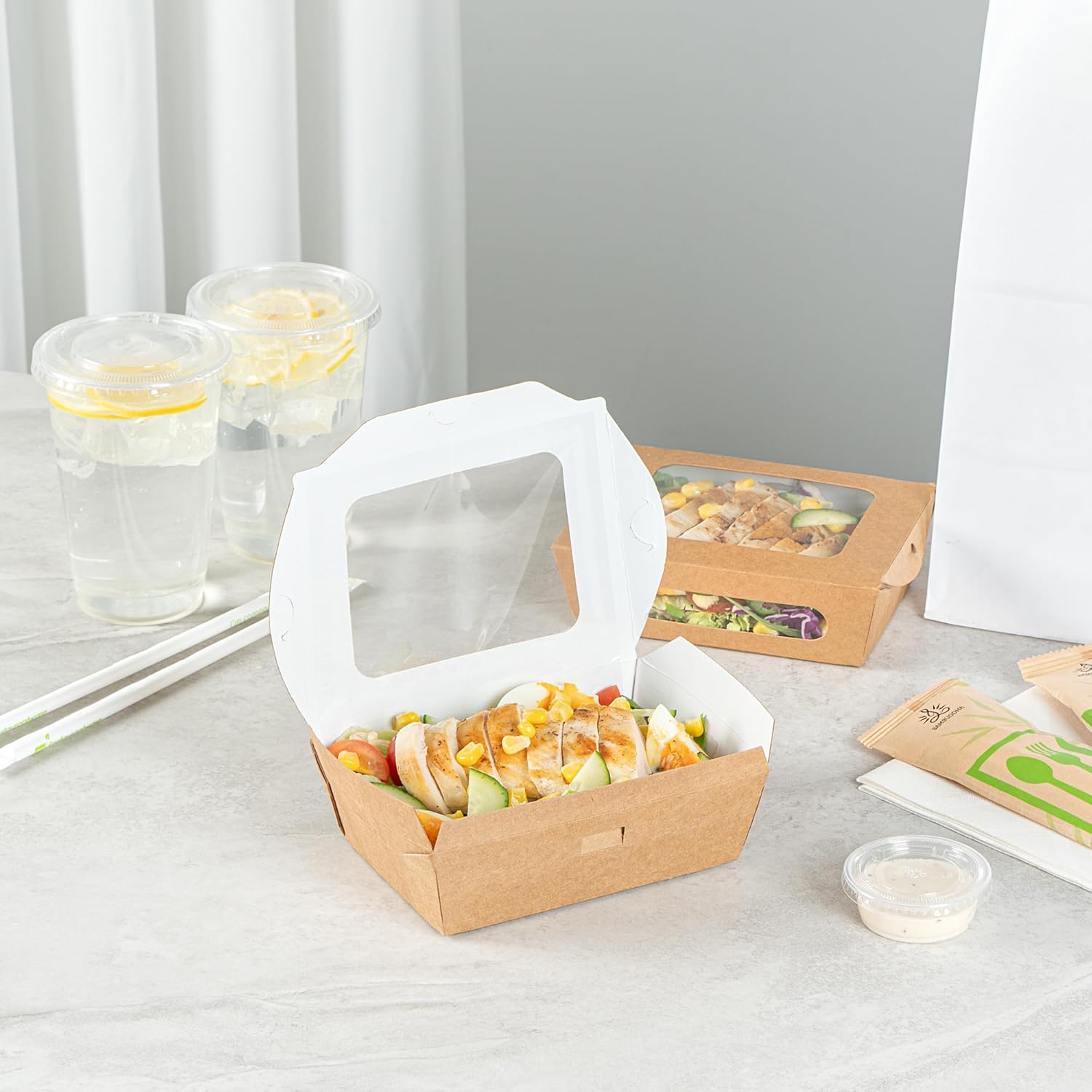 Restaurantware Cafe Vision 28 Ounce Food Boxes 200 Greaseproof Baked Goods Gift Boxes - Built-In Clamshell Lid 2 Windows Kraft Paper Brownie Boxes For Meals And Desserts