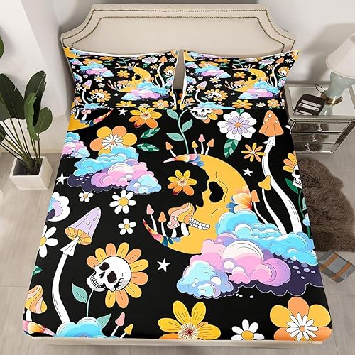 Miniatura 2 de Juego de sábanas bajeras bohemias con diseño de luna exótica y arco iris, 60 y 70, diseño de flores, hippy girl, diseño de calavera y flores, tamaño