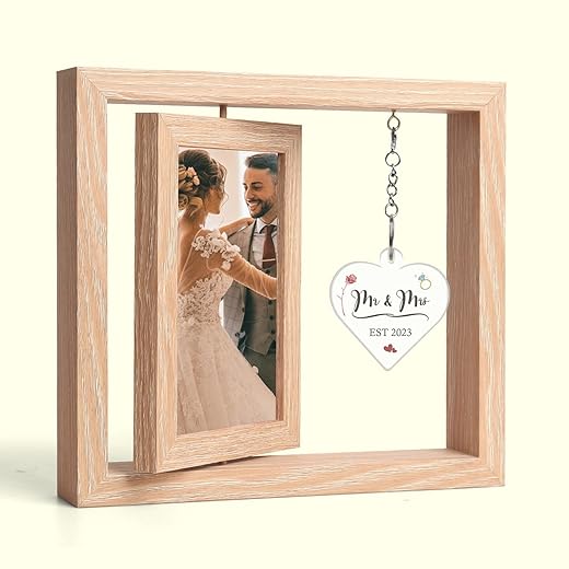 Rotating Floating Mr and Mrs Picture Frame - Wedding Gifts for Couples 2023, 4x6 Rustic Picture Frame - Wedding Gift, Bridal Shower Gifts for Bride to Be, Wife, Husband, Girlfriend, Boyfriend