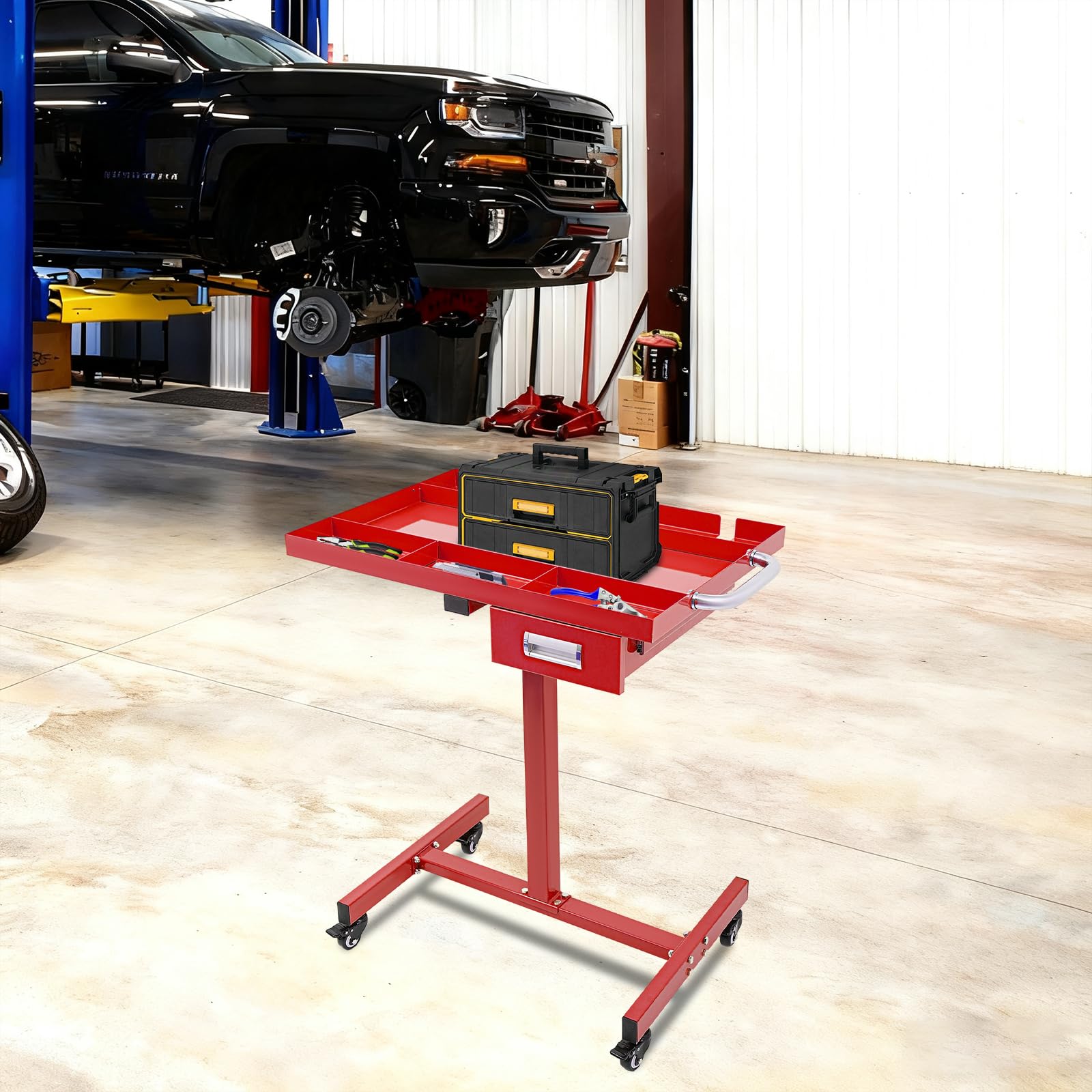 Chariot à outils sur roulettes avec tiroir | Table de travail mobile pour garage et atelier | Construction en acier, 4 roulettes de frein, capacité de charge de 100 kg et plateau de rangement (rouge)