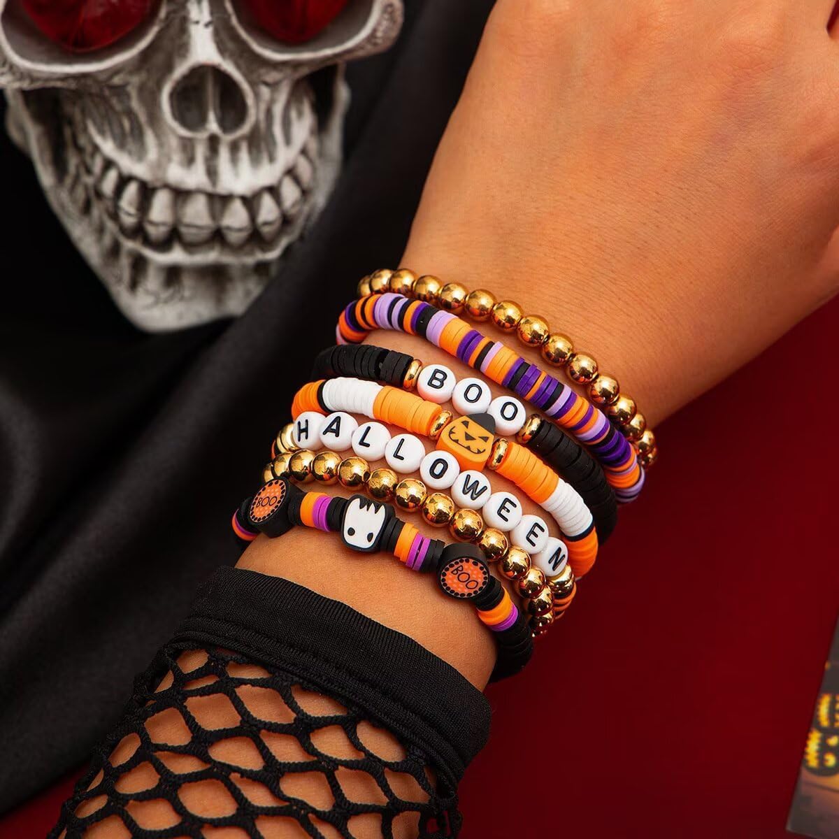 Halloween Beaded Stackable Bracelets for Women Ghost Pumpkin Spider Boo Elastic Surfer Heishi Clay Bead Stretch Bracelets Set Party Holiday Jewelry Gift - Image 6
