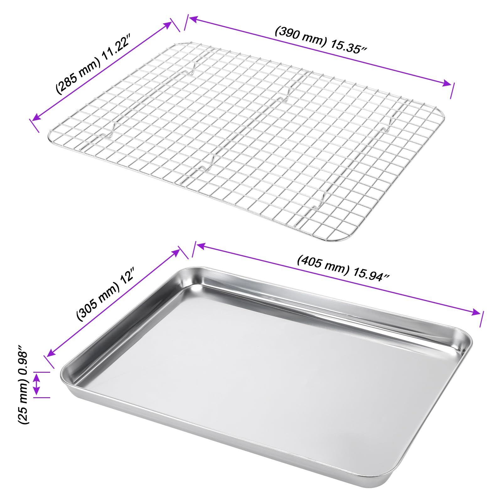 Teglia da Forno Rettangolare in Acciaio Inox con Griglia di Raffreddamento, Set 4 Pezzi (2 Teglie e 2 Griglie), 40,5 x 30,5 x 2,5 cm, Lavabile in Lavastoviglie