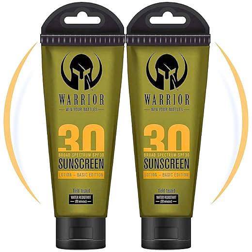 WARRIOR – VENÇA SUAS BATALHAS - Loção de proteção solar FPS 30 – Loção corporal resistente à água e suor com FPS – Fórmula não mineral, apresentação camuflada, protetor solar de amplo espectro FPS 30