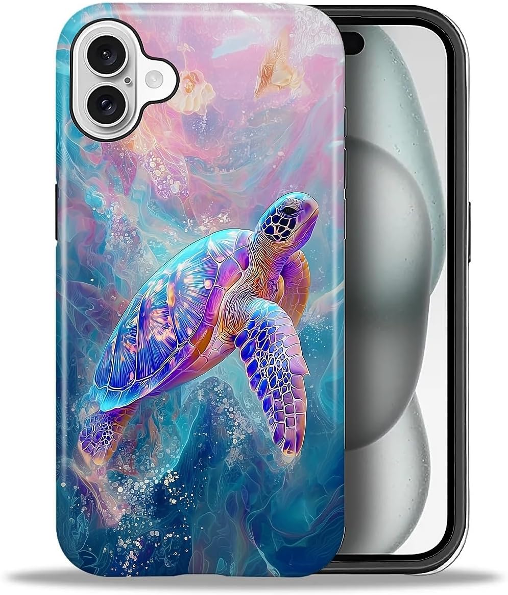 Case for iPhone 16, PC Hard Shell & Silicone Inner Bumper, Anti-Scratch Full-Body Cover Shockproof Slim Design -Cute Ocean Sea Turtle