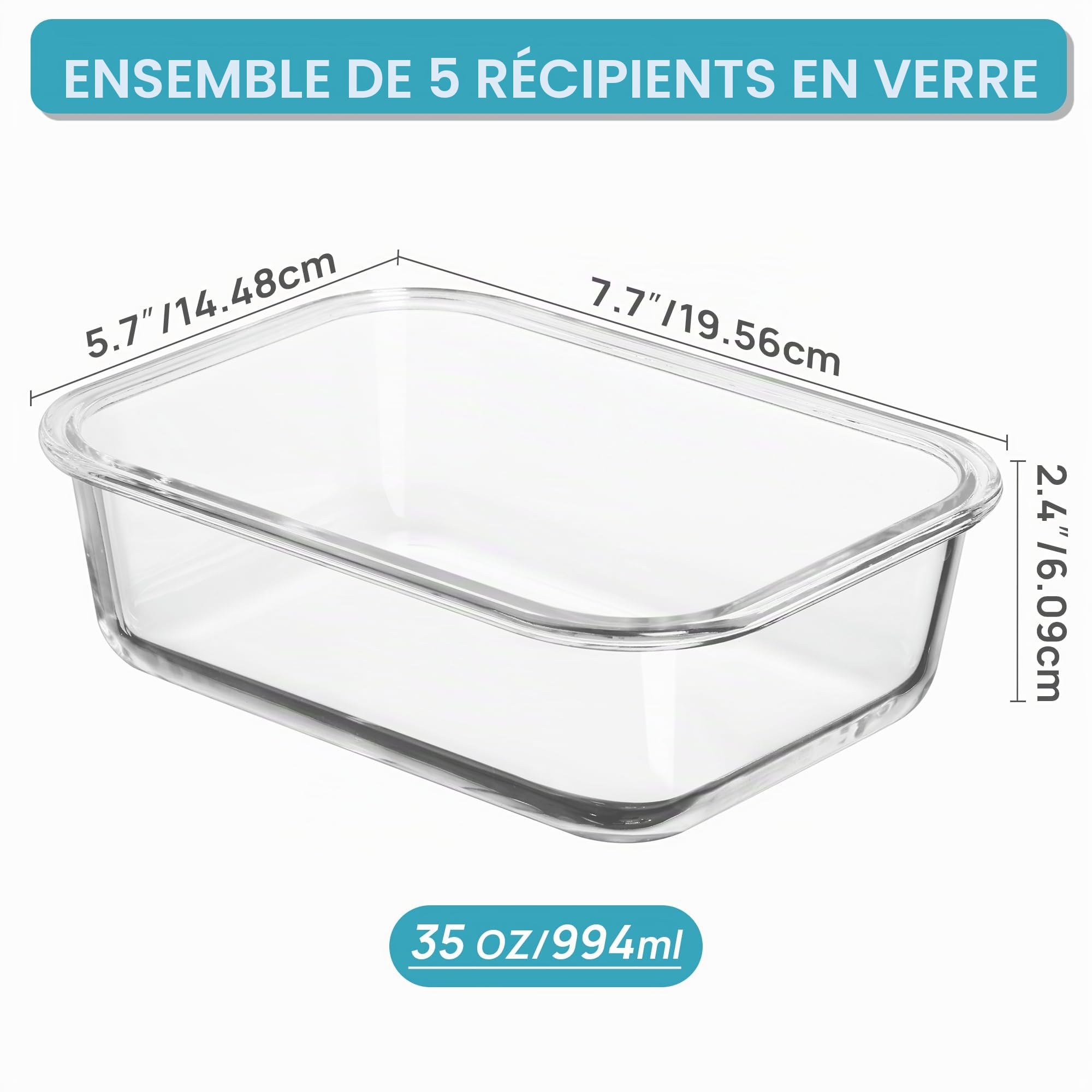 Vtopmart Lot de 5 Lunch Box Verre, 1035ml Boite Alimentaire Verre avec Couvercle, Meal Prep Containers, Hermétique Et Réutilisable, Compatible Four, Micro-Ondes, Congélateur Et Lave-Vaisselle