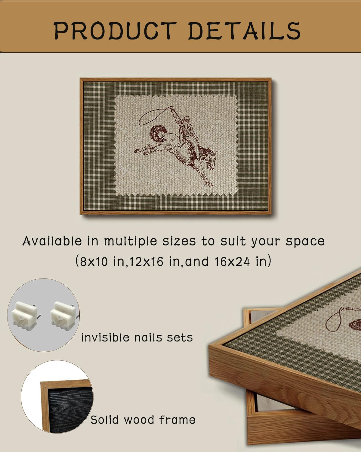 ZZLWBKGL Vintage Western Framed Wall Art Farmhouse Cowboy Canvas Wall Art Retro Gingham Plaid West Stamp Pictures Decor Mid Century Rodeo Art Prints for Living Room Bedroom