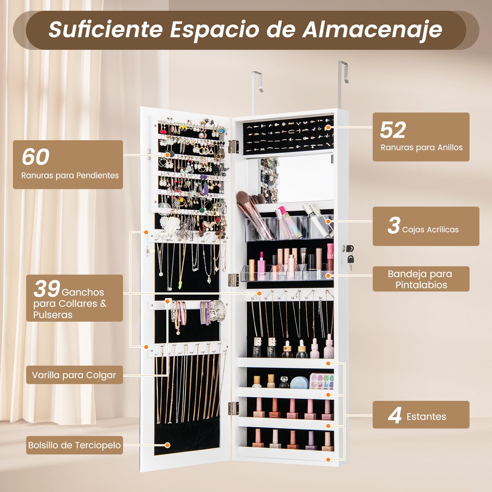 COSTWAY Armario Joyero con Espejo de Cuerpo Completo y Espejo de Maquillaje Blanco
