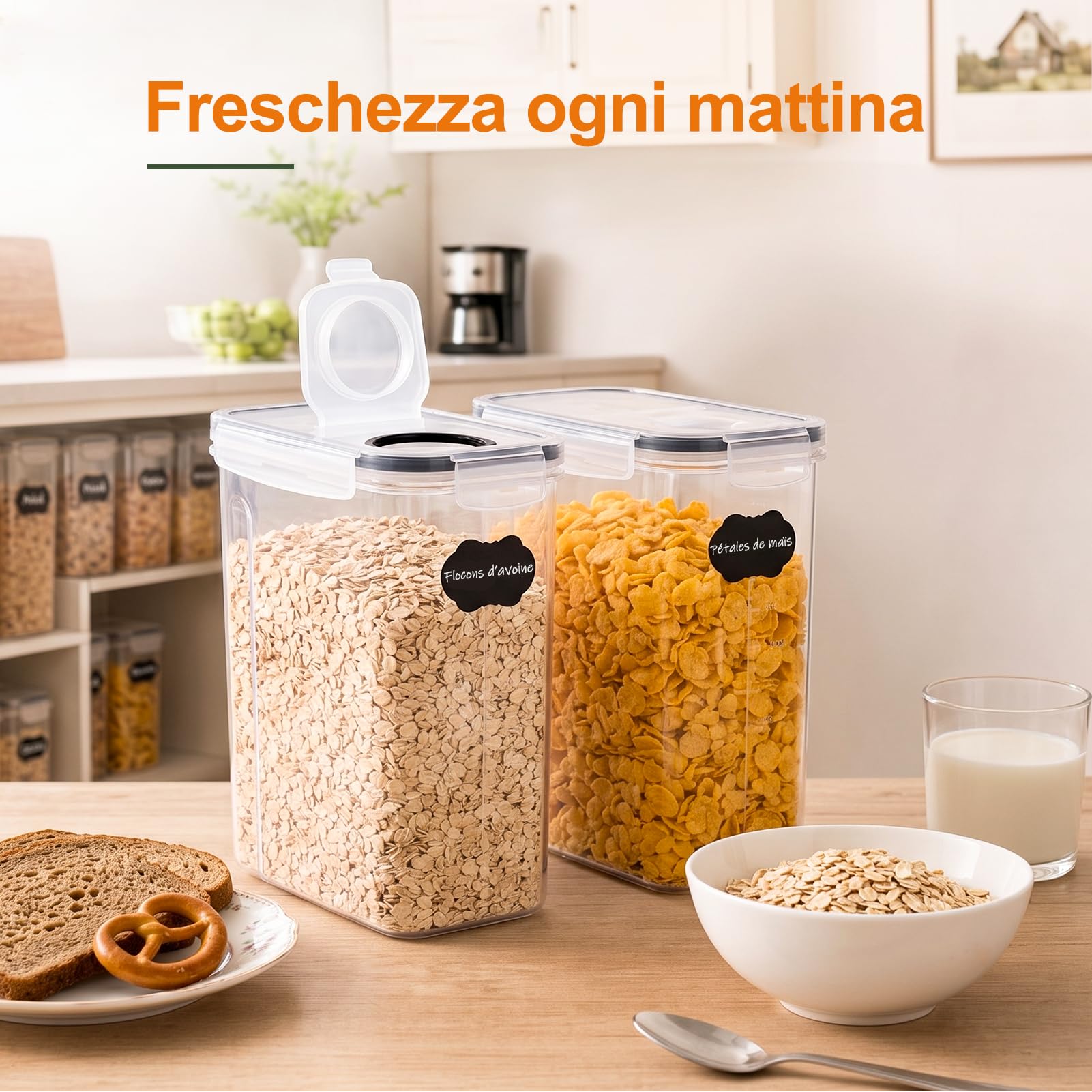 GoMaihe Contenitori Ermetici per Alimenti, 6 x 4 L, Muesli e Cereali | Una Confezione intera per Contenitore: ca. 750 g di Muesli o Cornflakes, 1,5 kg di Fiocchi d’avena, 2 kg Farina; Senza BPA