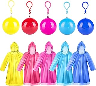 Braleto 5 Pieces Disposable Emergency Rain Ponchos, Waterproof Poncho Raincoats Packaged in Keychain Ball with Hook Plastic Portable Spherical Colorful Disposable Rainwear for Camping Hiking Cycling