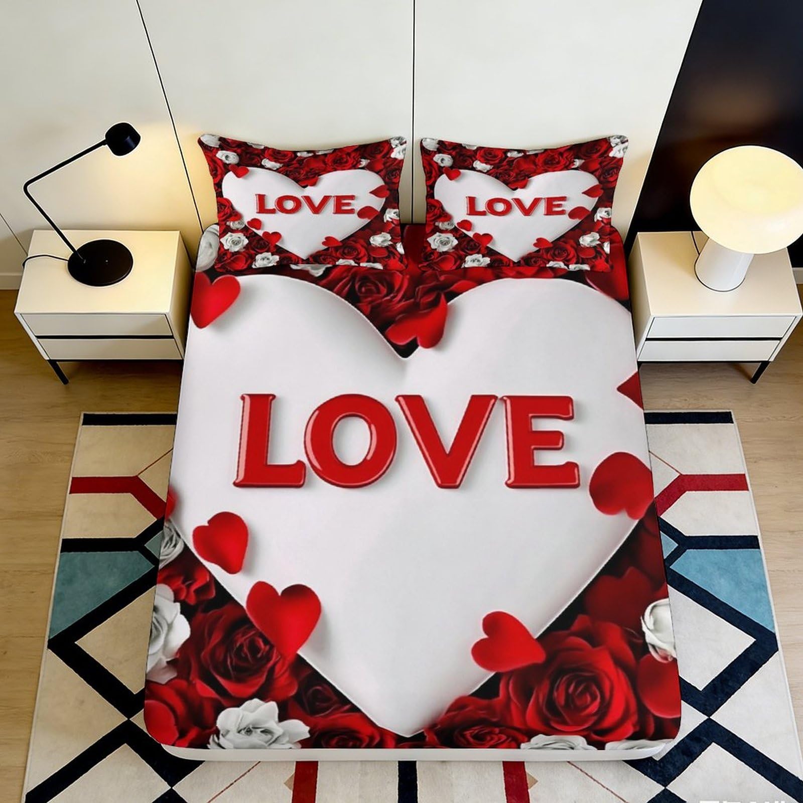 Pnayamiorkfel Style-9 3D Printed Romantic Heart Fitted Sheet Microfiber Red Rose Love Bed Sheet For Bedroom Guest Room Decor Protection 90X200x25cm