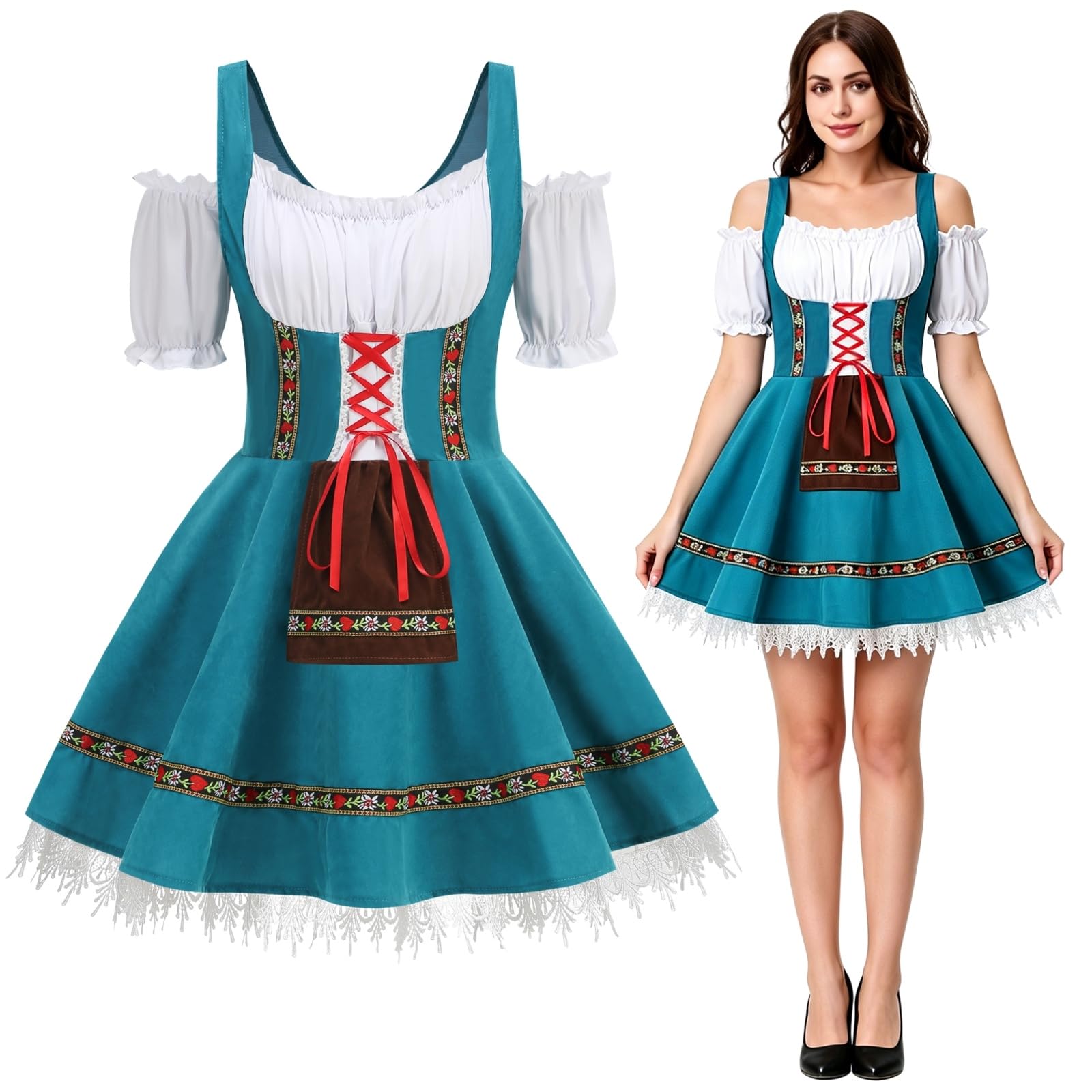 Oktoberfest Outfit Women Off-Shoulder Traditional Bavarnian Short Sleeve Off Shoulders German Beer Maid Costume with Embroidery for Oktoberfest, Halloween & Themed Parties (Teal, Plus-2XL)