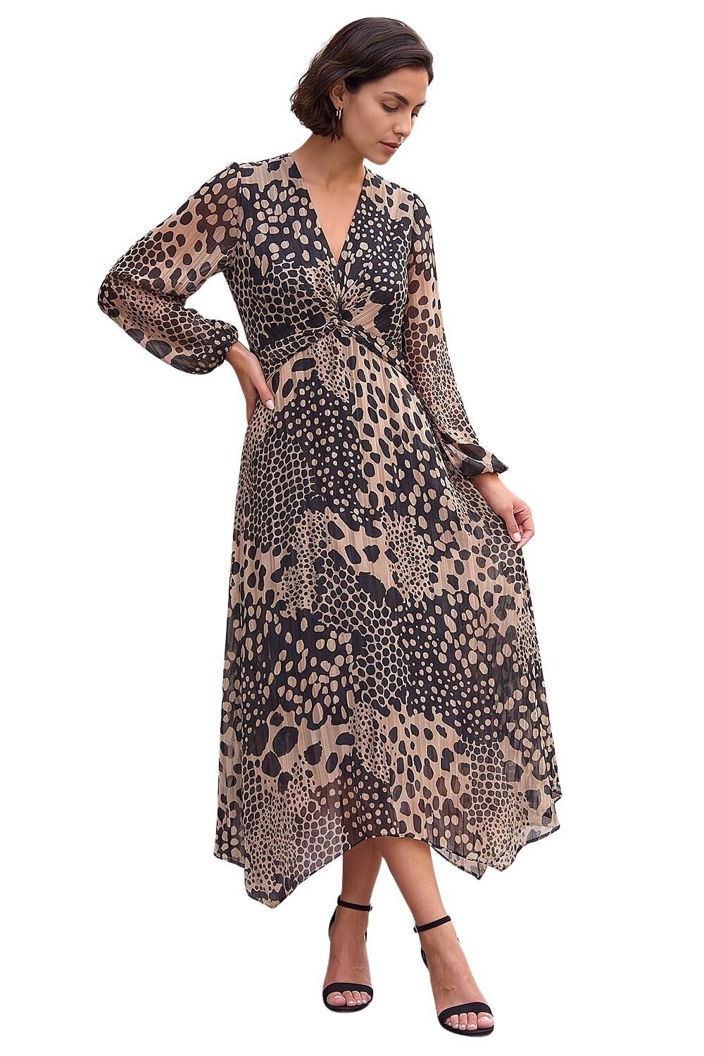 Roman Fit and Flare Dress for Women Ladies Chest Twist Knot Ruched Tea Skater Empire Waist Wedding Guest Smart Casual Swing Midi 3/4 Long Sleeve Knee Length