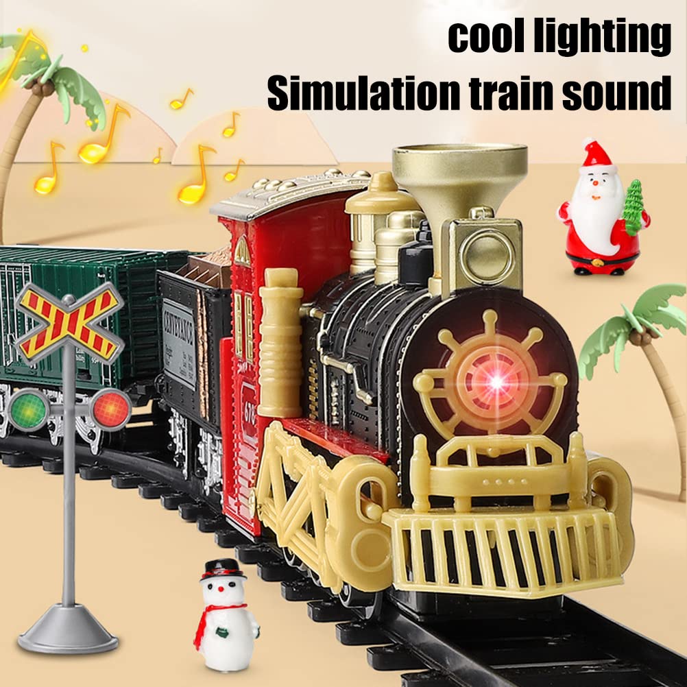 Juego de árbol de tren de Navidad con luces y sonido, juego de tren para debajo del árbol de Navidad, locomotora de vapor eléctrica, funciona con pilas, juego de pista como regalo de fiesta