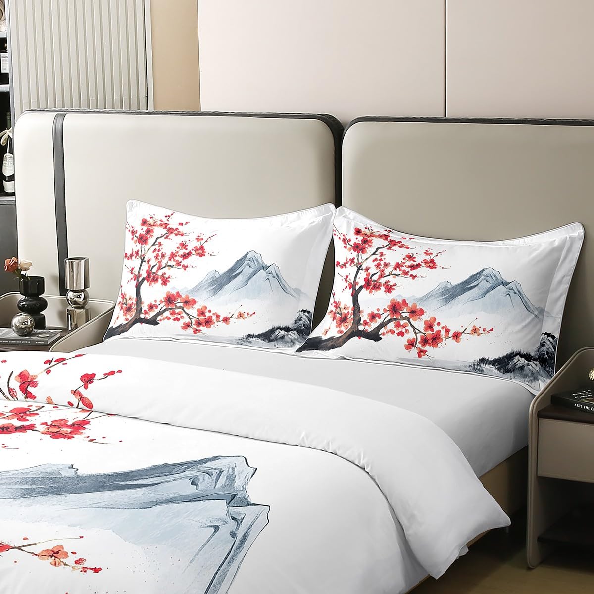 Japanischer Stil 100% Baumwolle Bettbezug 135x200,Japanischer Ukiyo E Tröster Bezug für Bett,Kirschblüten Blumen Weiche Bettwäsche Set für Kinder Teens,Hügel Blumen Botanische Bettbezug