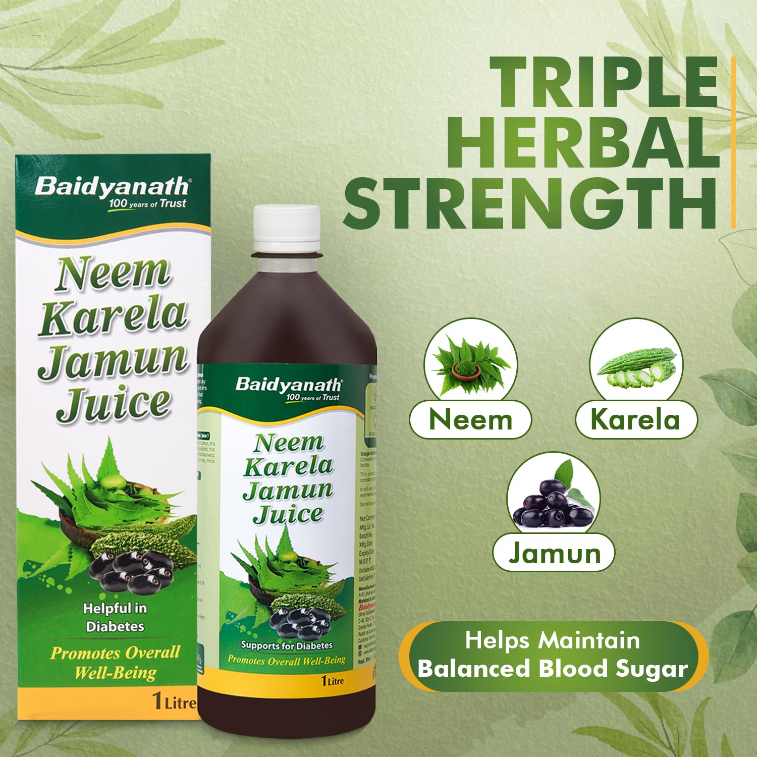 Baidyanath Ayurved Neem Karela Jamun Juice -1000ml | Natural Remedy for Blood Sugar Management & Reduces Bad Cholesterol | Best For Digestive Health, Diabetic Care, Skin Care & Natural Detox | No Added Sugar 2
