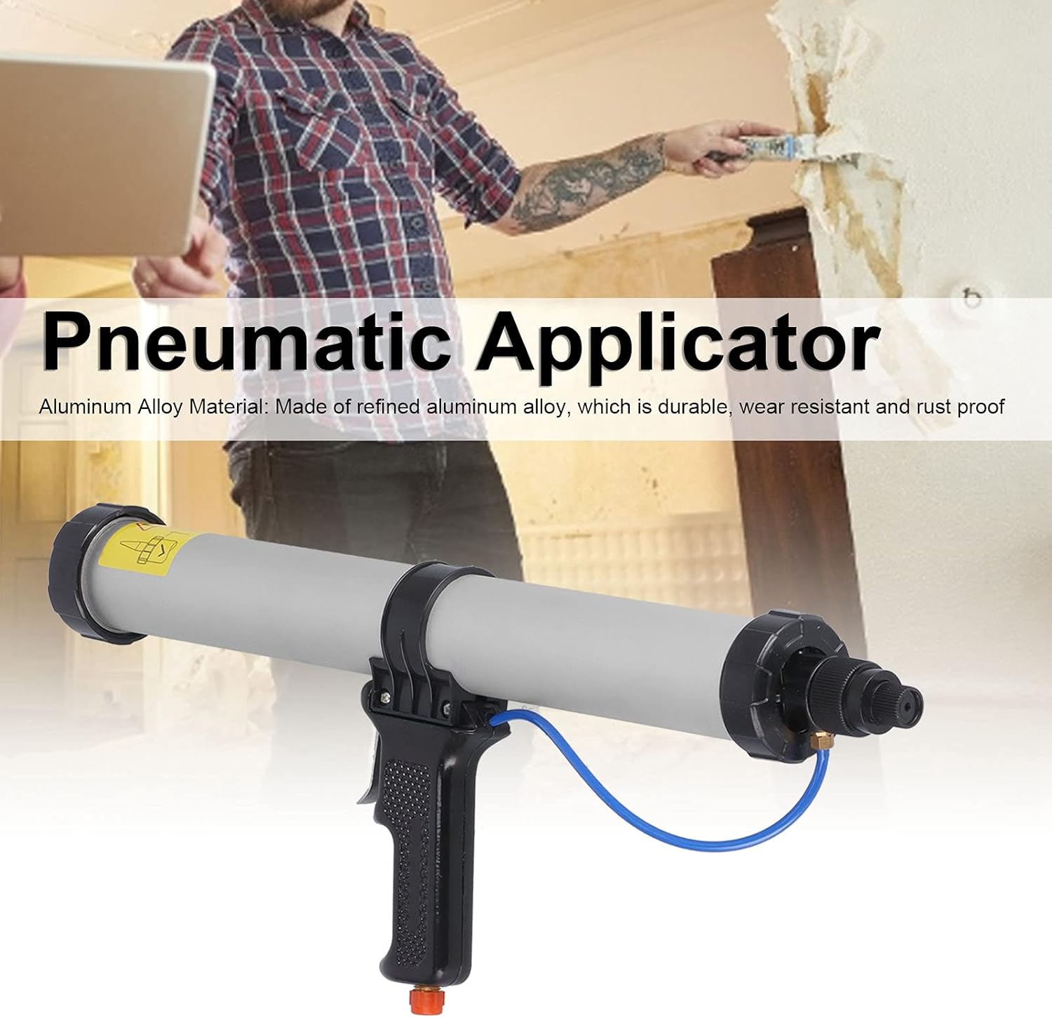 Pneumatic Caulking Gun, 600ml Air Powered Caulk Gun Aluminum Alloy Sausage Caulking Gun, Caulking Gun with 6 x Nozzle, for Building Decoration, Ships Containers