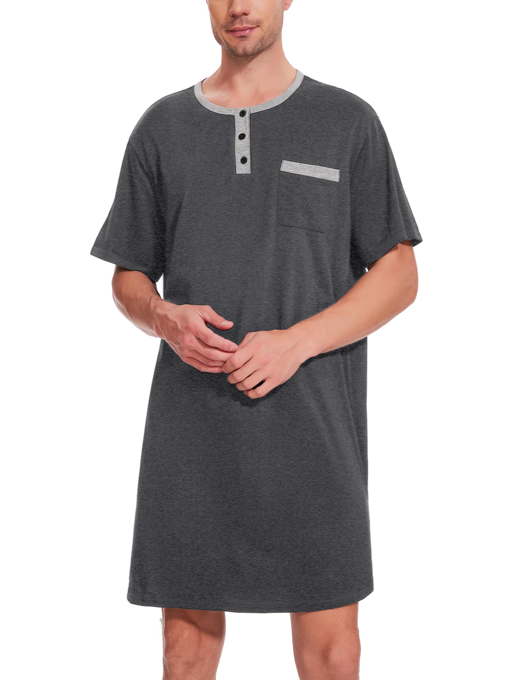 Uniexcosm Nachthemd Herren Kurzarm Schlafshirt Rundhals Einteiliger Schlafanzugoberteile Pyjama Tops Bequem Nachtwäsche Sleepshirt mit Knopfleiste und Brusttasche