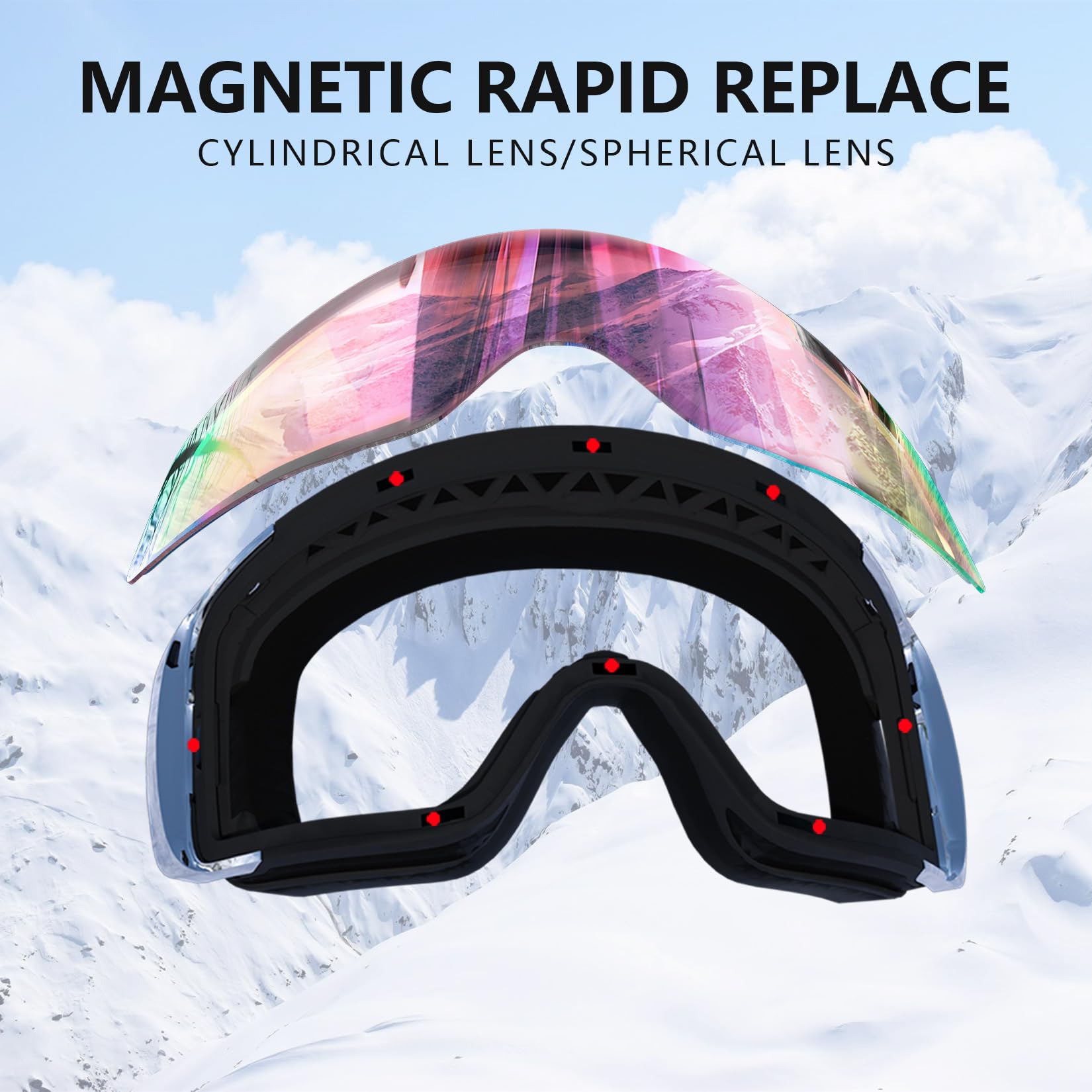 Dizokizo Frameless Magnetic Lens Ski Goggles, Anti-Fog Polarized, 100% UV Protection, Snowboard Goggles, Outdoor Winter Sports Goggles for Men and Women